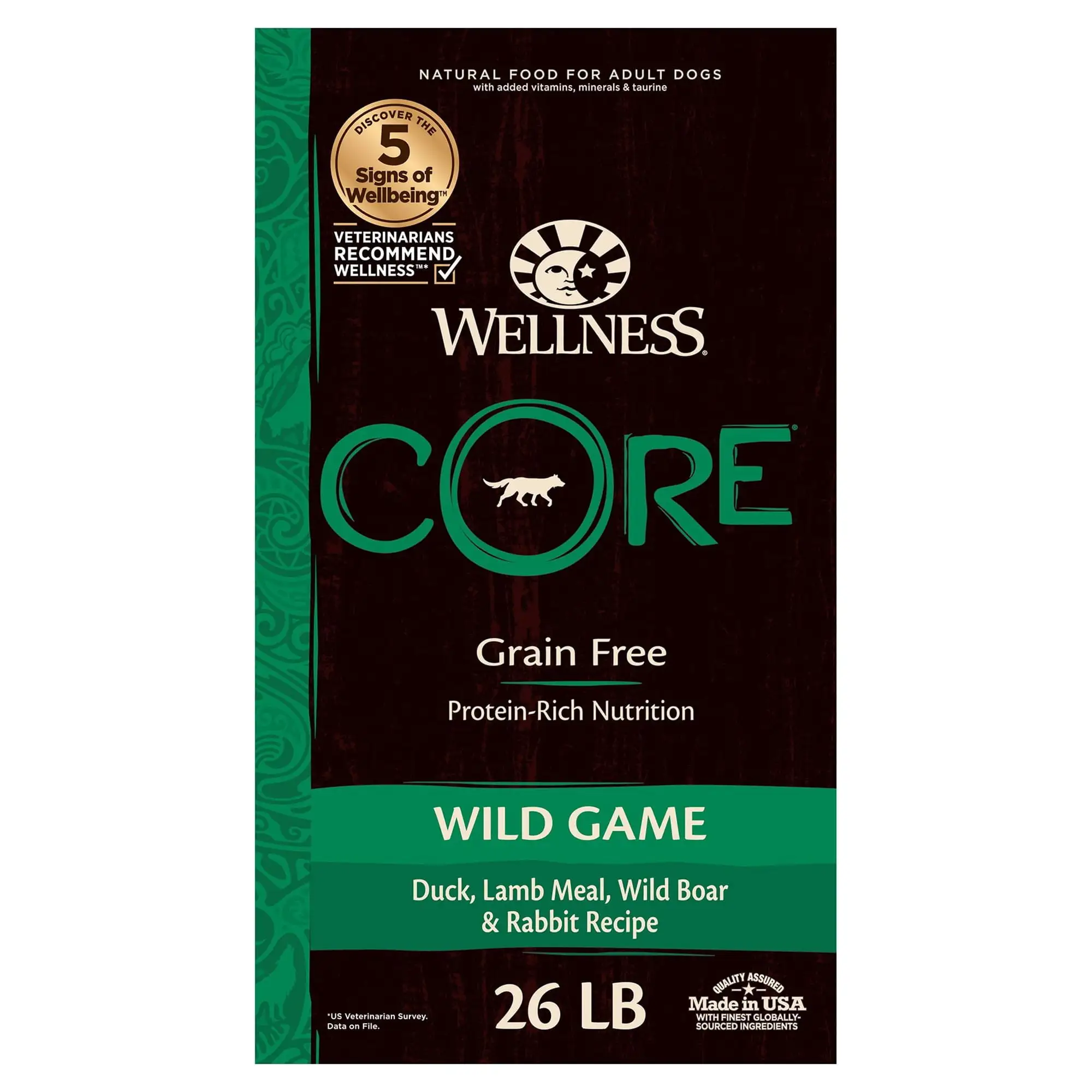 Wellness CORE Natural Grain Free Dry Dog Food. Wild Game Duck. Lamb Meal. Wild Boar & Rabbit. 26-Pound Bag