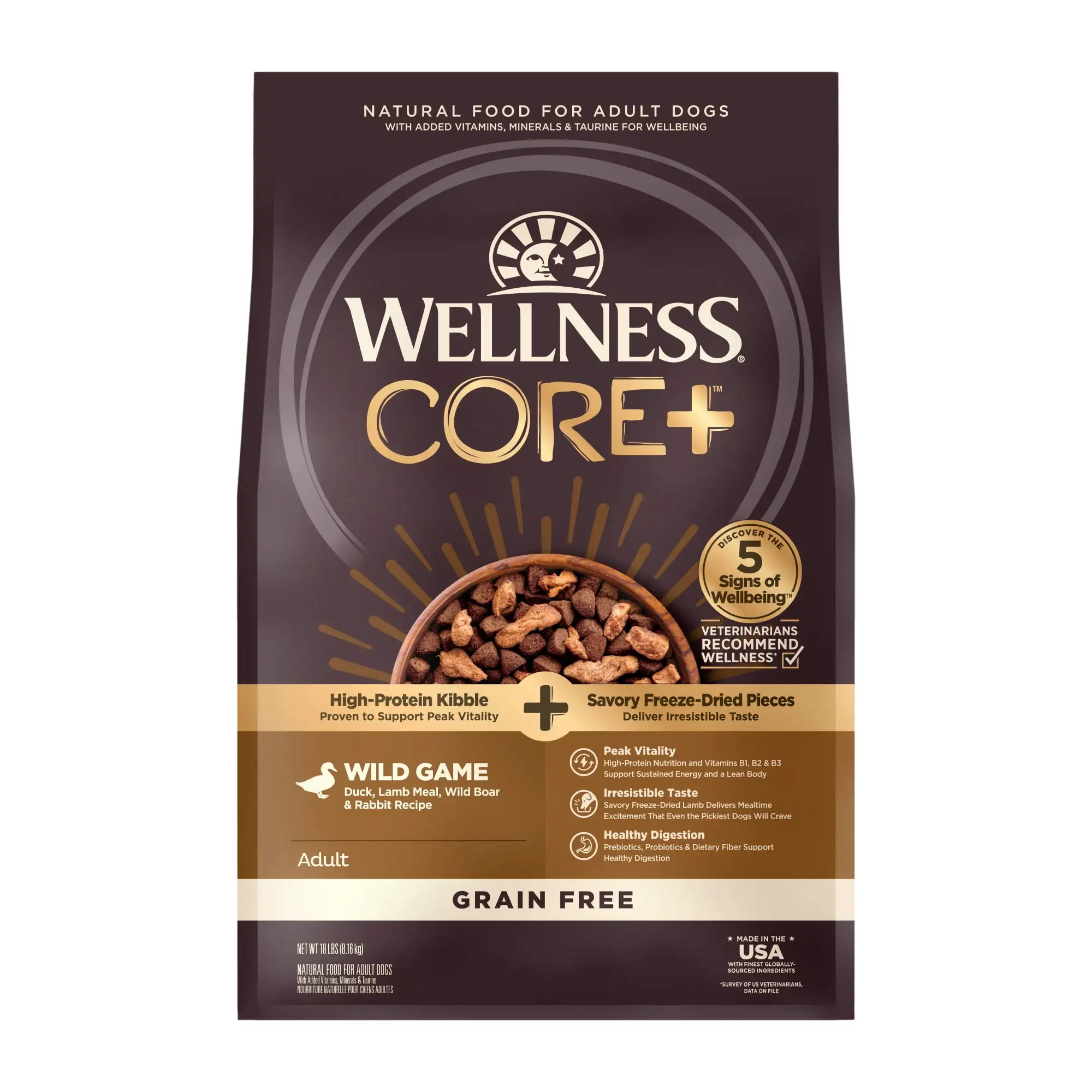 Wellness CORE+ Natural Grain Free Dry Dog Food. Wild Game Recipe with Freeze Dried Lamb. 18lb Bag