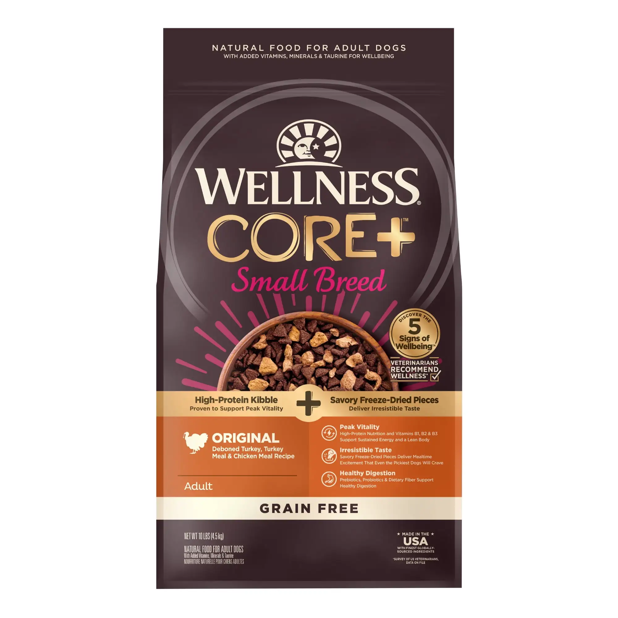 Wellness CORE+ Natural Grain Free Small Breed Dry Dog Food. Original Recipe with Freeze Dried Turkey. 10lb Bag