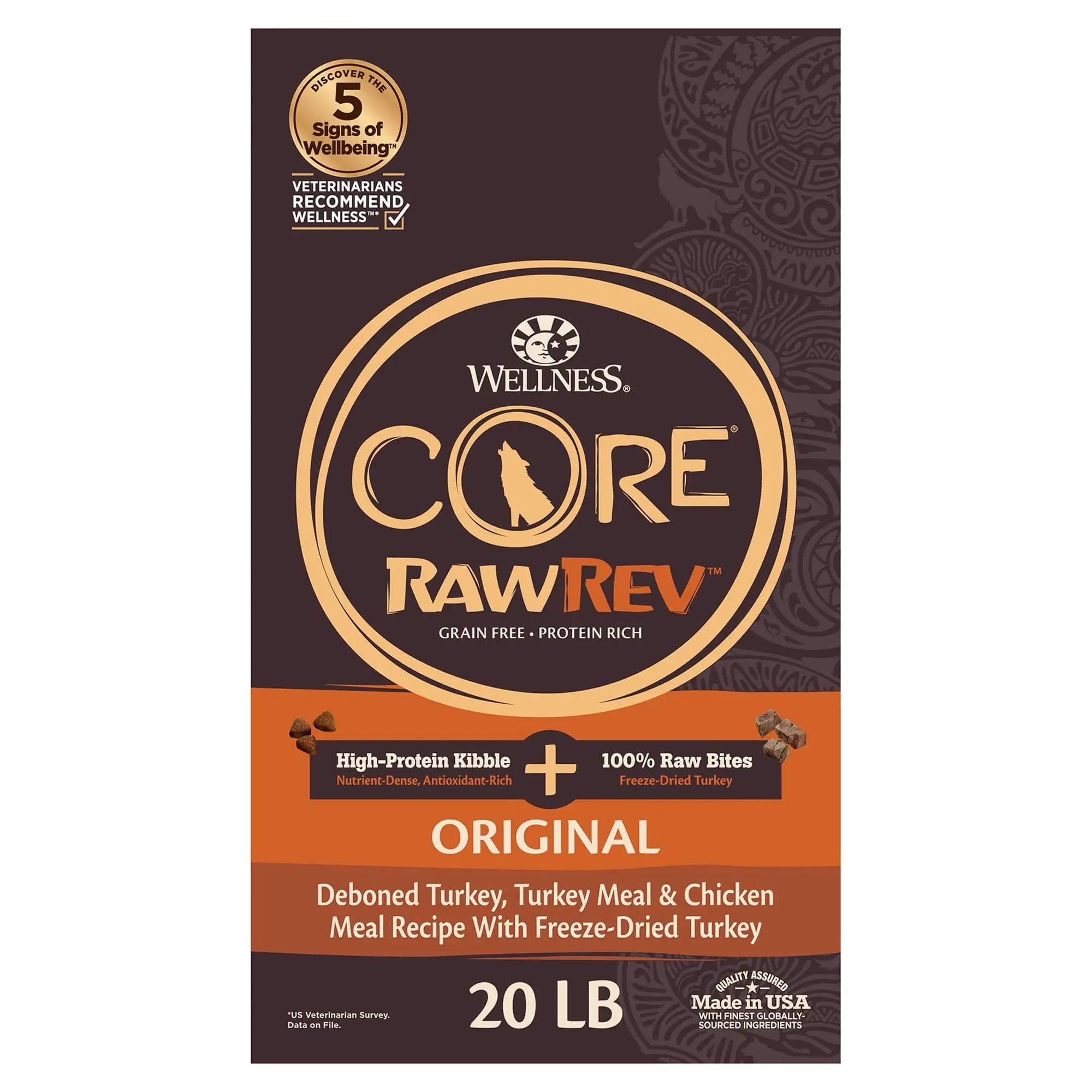 Wellness CORE RawRev Natural Grain Free Dry Dog Food. Original Recipe with Freeze Dried Turkey. 20lb Bag