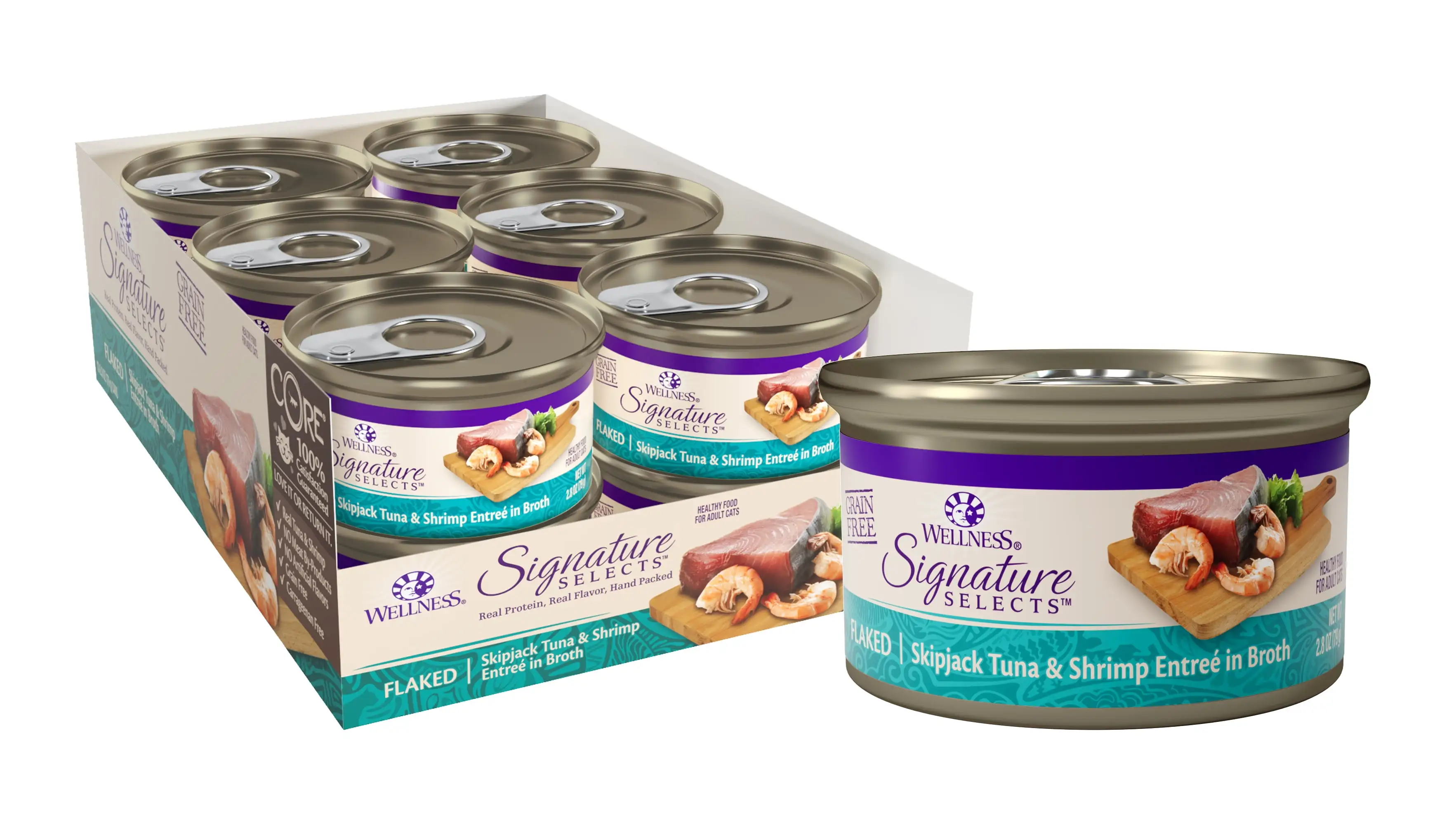 Wellness CORE Signature Selects Grain Free Canned Cat Food. Flaked Skipjack Tuna & Shrimp in Broth. 2.8 Ounces (Pack of 12)