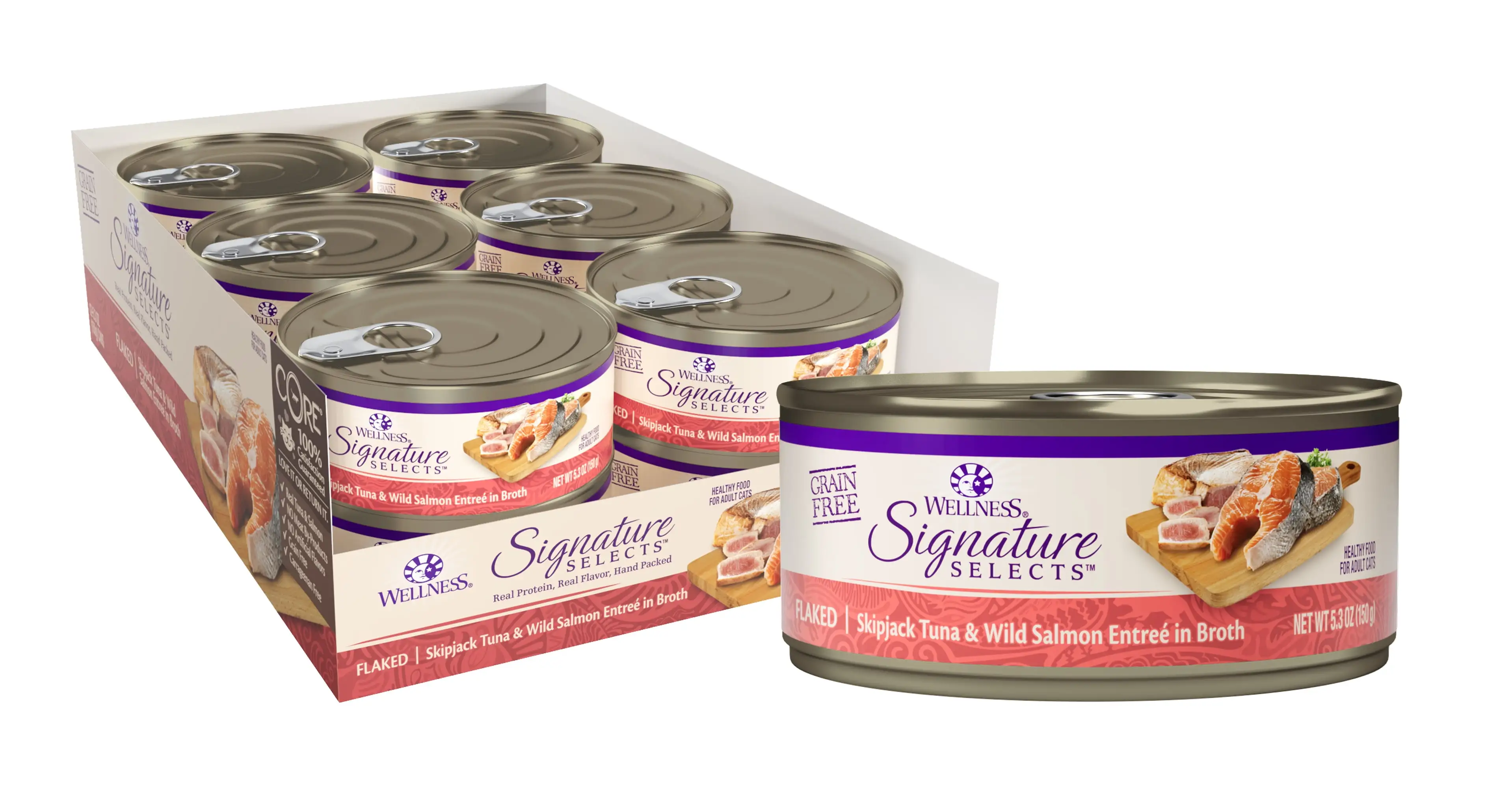 Wellness CORE Signature Selects Grain Free Canned Cat Food. Flaked Skipjack Tuna & Wild Salmon in Broth. 5.3 Ounces (Pack of 12)