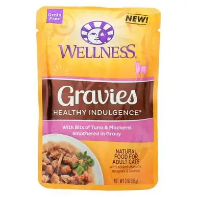 Wellness Healthy Indulgence Natural Grain Free Wet Cat Food. Gravies Tuna & Mackerel. 3-Ounce Pouch (Pack of 24)