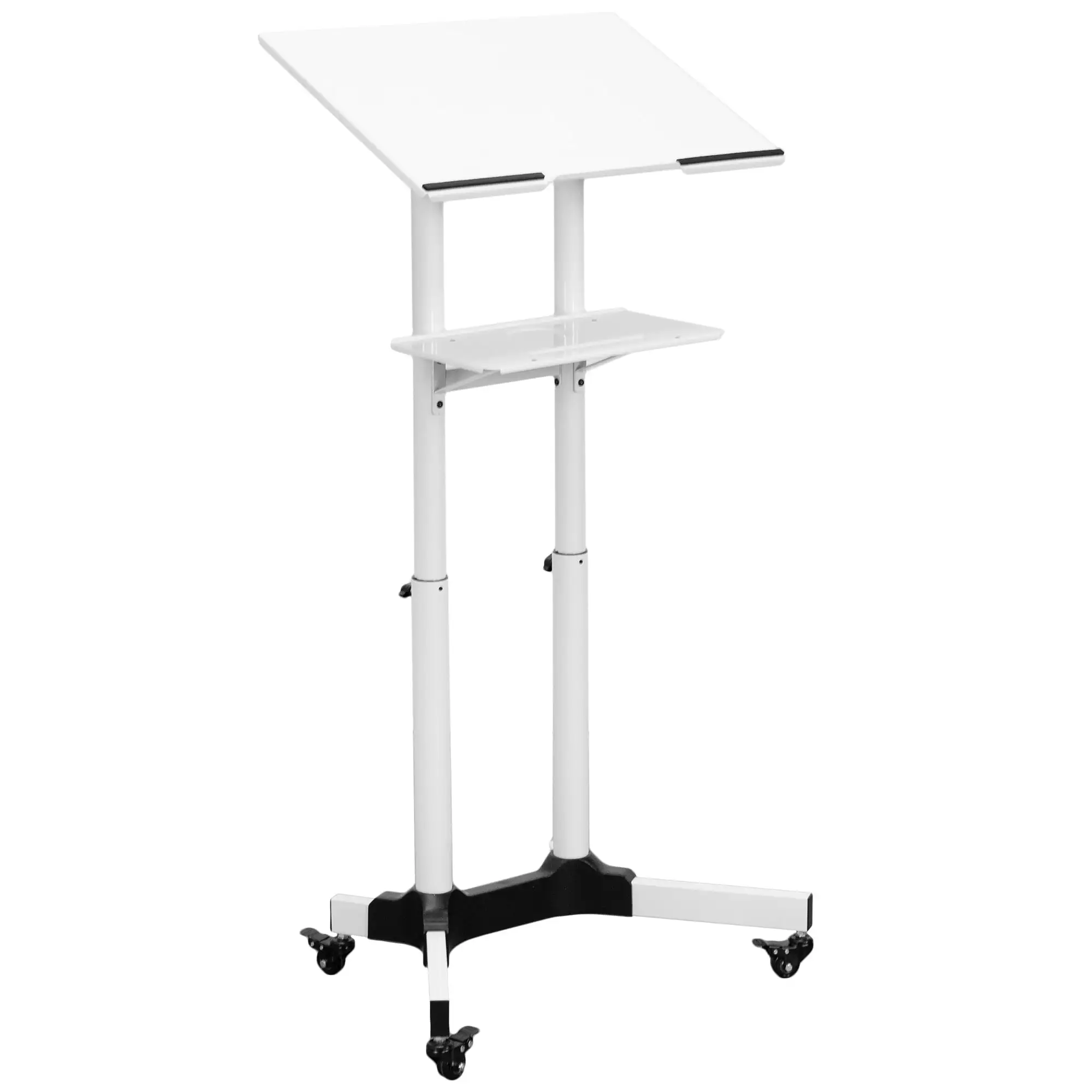 White Mobile 24 Height Adjustable Rolling Podium. Lectern. Laptop Workstation