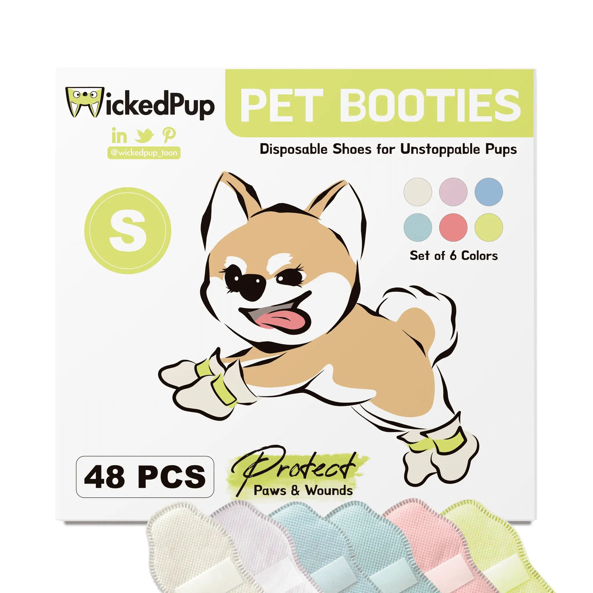 WickedPup Disposable Pet Booties for Dogs & Cats. Set of 6 Colors. 48ct. S (for Toy & Small Dogs)