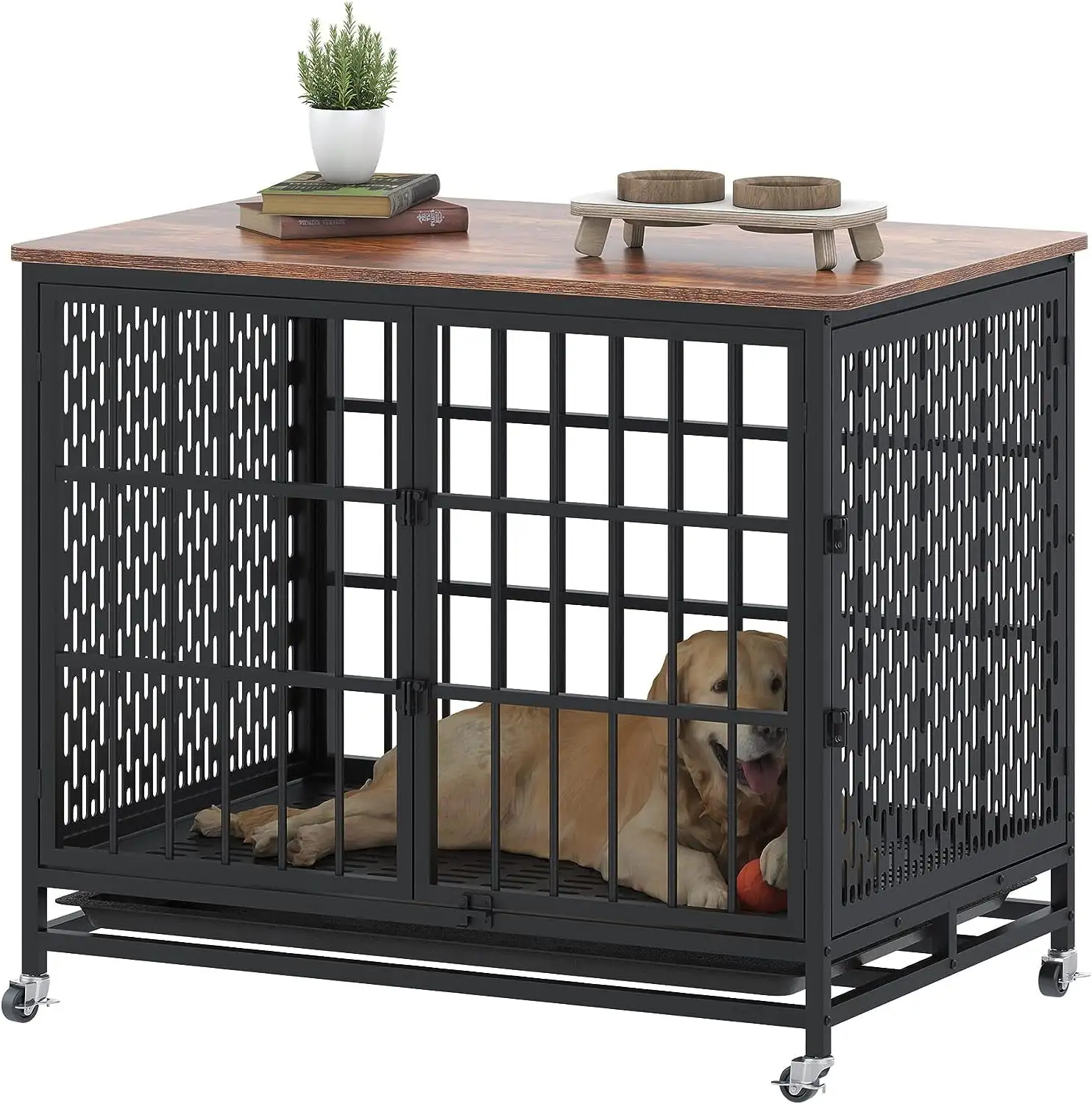 Winkalon 42 Inch Large Dog Crate Rustic Style Furniture Dog Cage Crate with 3 Doors and 4 Wheels Heavy-Duty Kennel.Brown