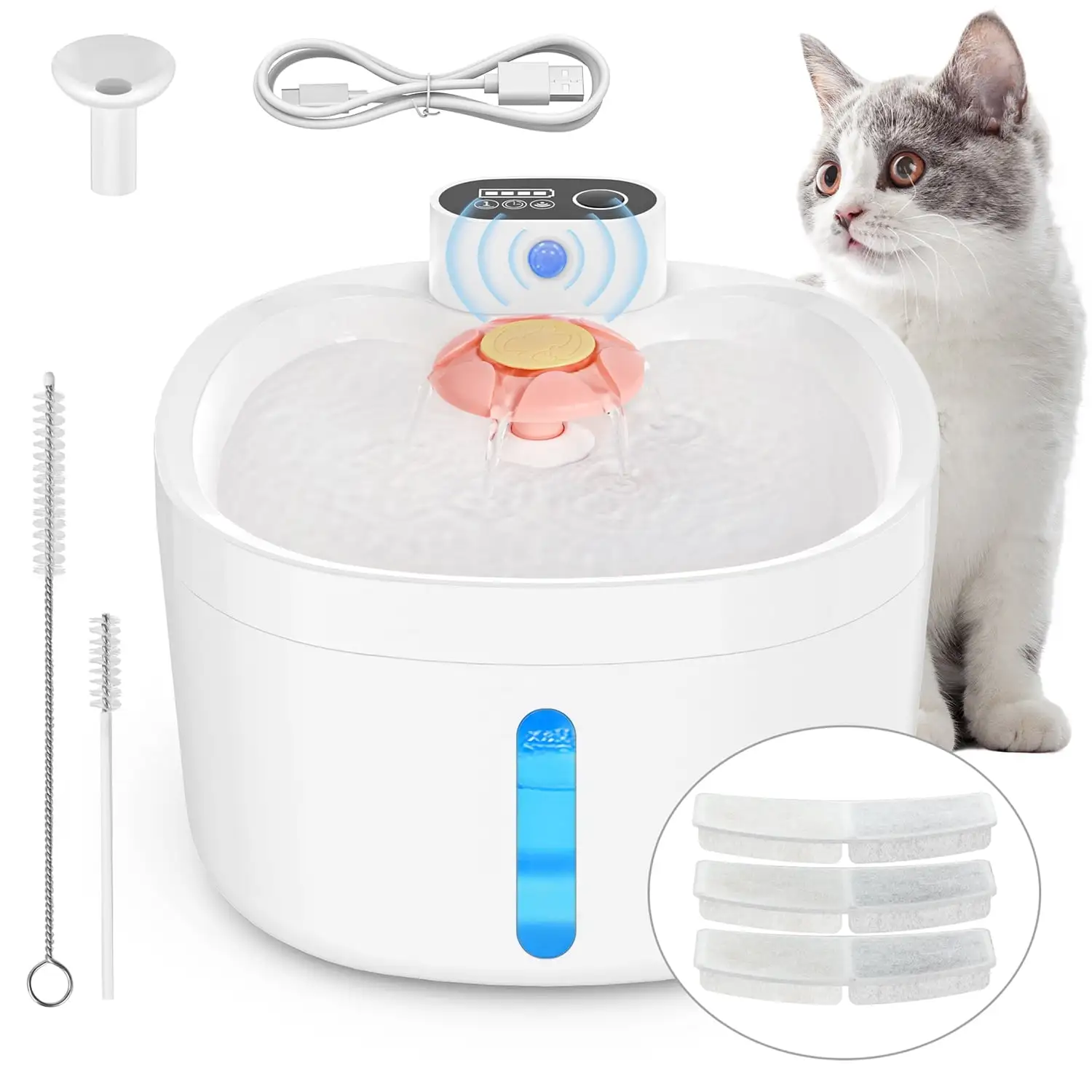 Wireless Cat Water Fountain. 89oz/2.6L Battery Operated Automatic Water Dispenser. Pet Water Fountain for Cats and Dog with Motion Sensor/3 Work Modes. Ultra Quiet Cat Drinking Fountain with 3 Filters