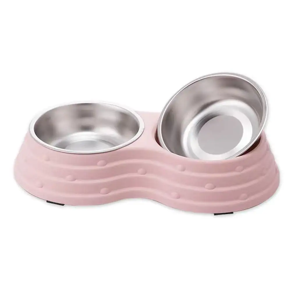 Wolike Pet Bowl Basic Dog Bowls Pet Bowl Anti Overturning and Anti Slip Double Bowl Dog Bowl Dog Plate Cat Bowl Stainless Steel Water Bowl Bottom with Anti slip Pad (Pink-Medium)