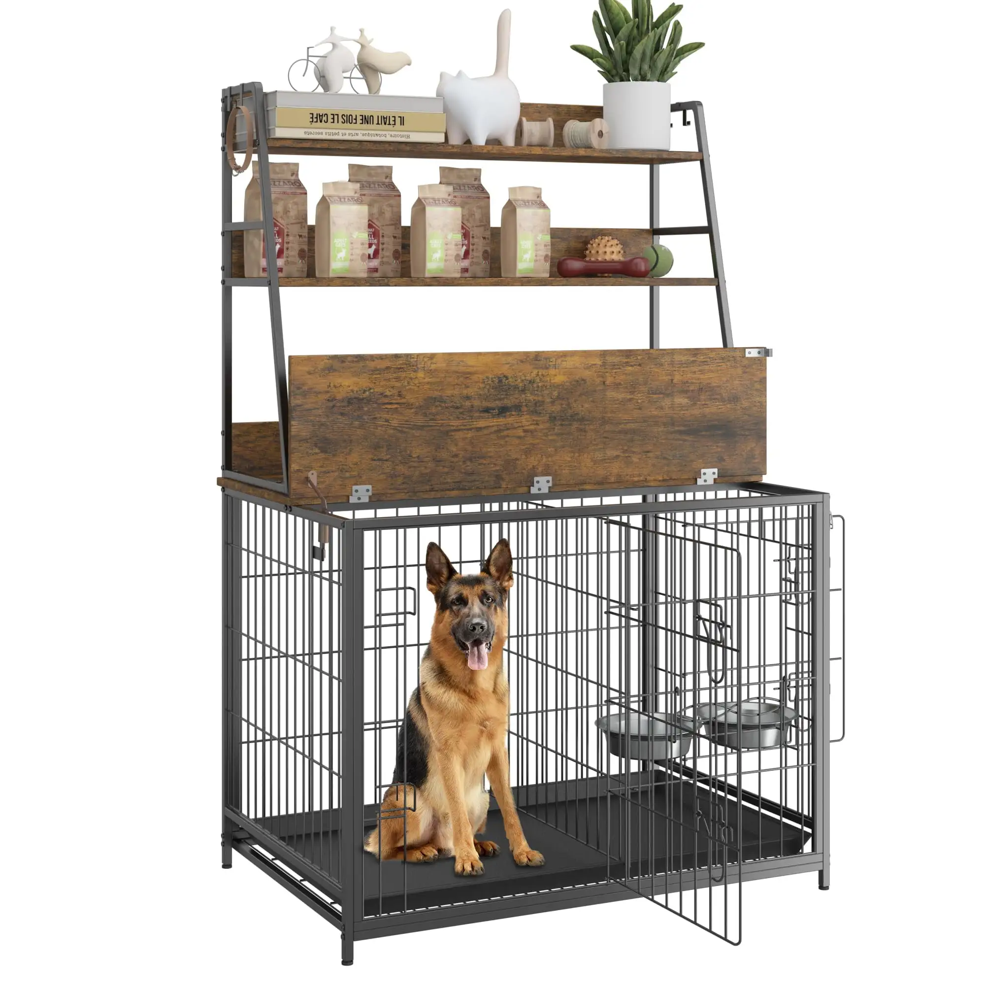 Wooden Dog Crate Furniture with Storage Shelves.Dog Kennel Indoor with Removable Tray.Double Doors Modern Dog Crate. Dog House with Two Adjustable Stainless Steel Bowls.End Table Dog Crate