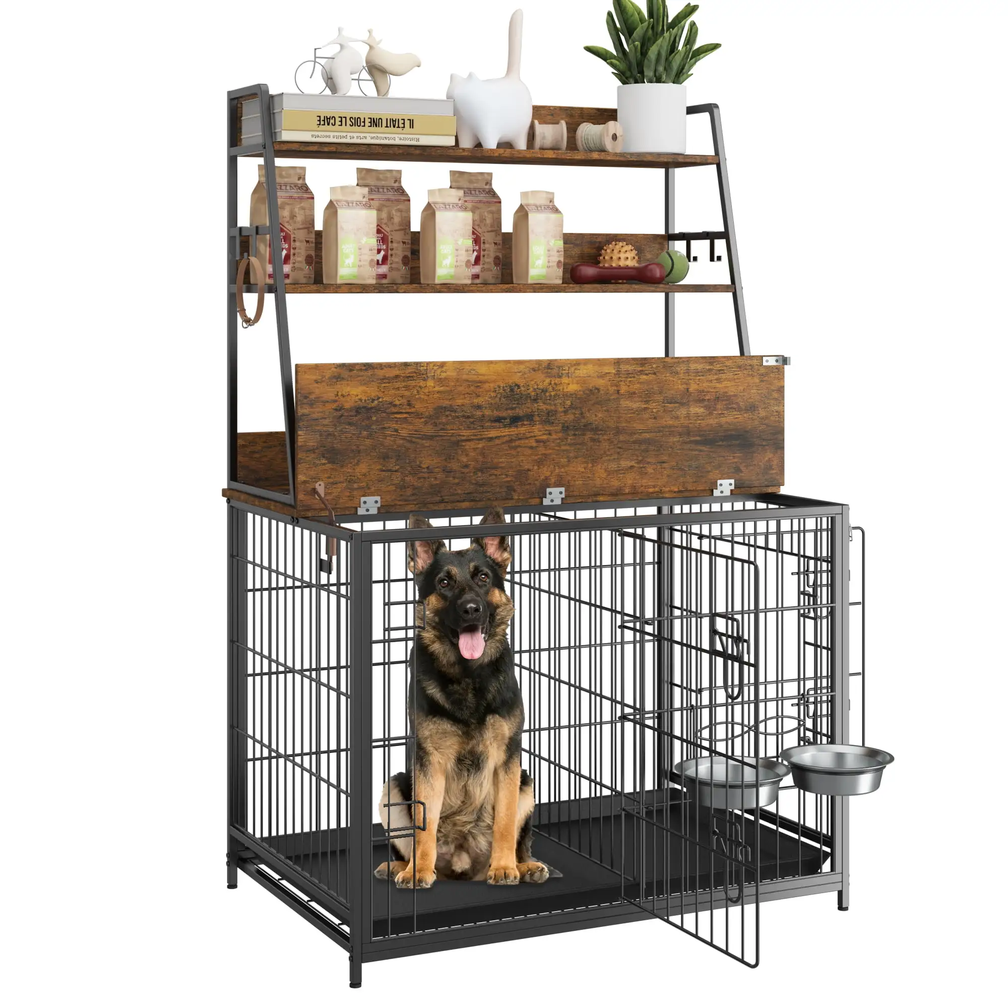 Wooden Dog Crate Furniture with Storage Shelves.Dog Kennel Indoor with Removable Tray.Double Doors Modern Dog Crate. Dog House with Two Adjustable Stainless Steel Bowls.End Table Dog Crate