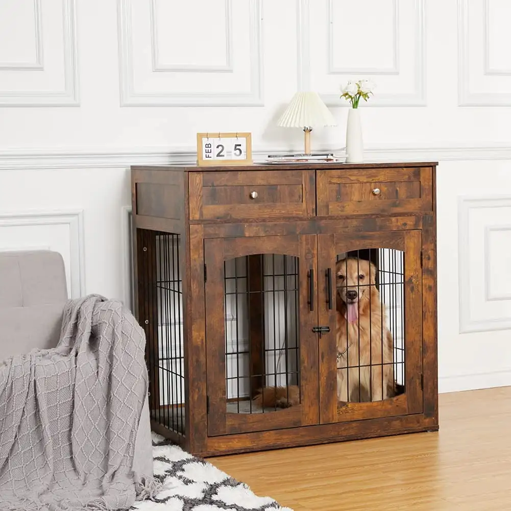 Wooden Dog Crate Table with 2 Drawers.Dog Crate Furniture with Cushion.3-Doors Dog Furniture.Indoor Dog Kennel.Dog House.Dog Cage