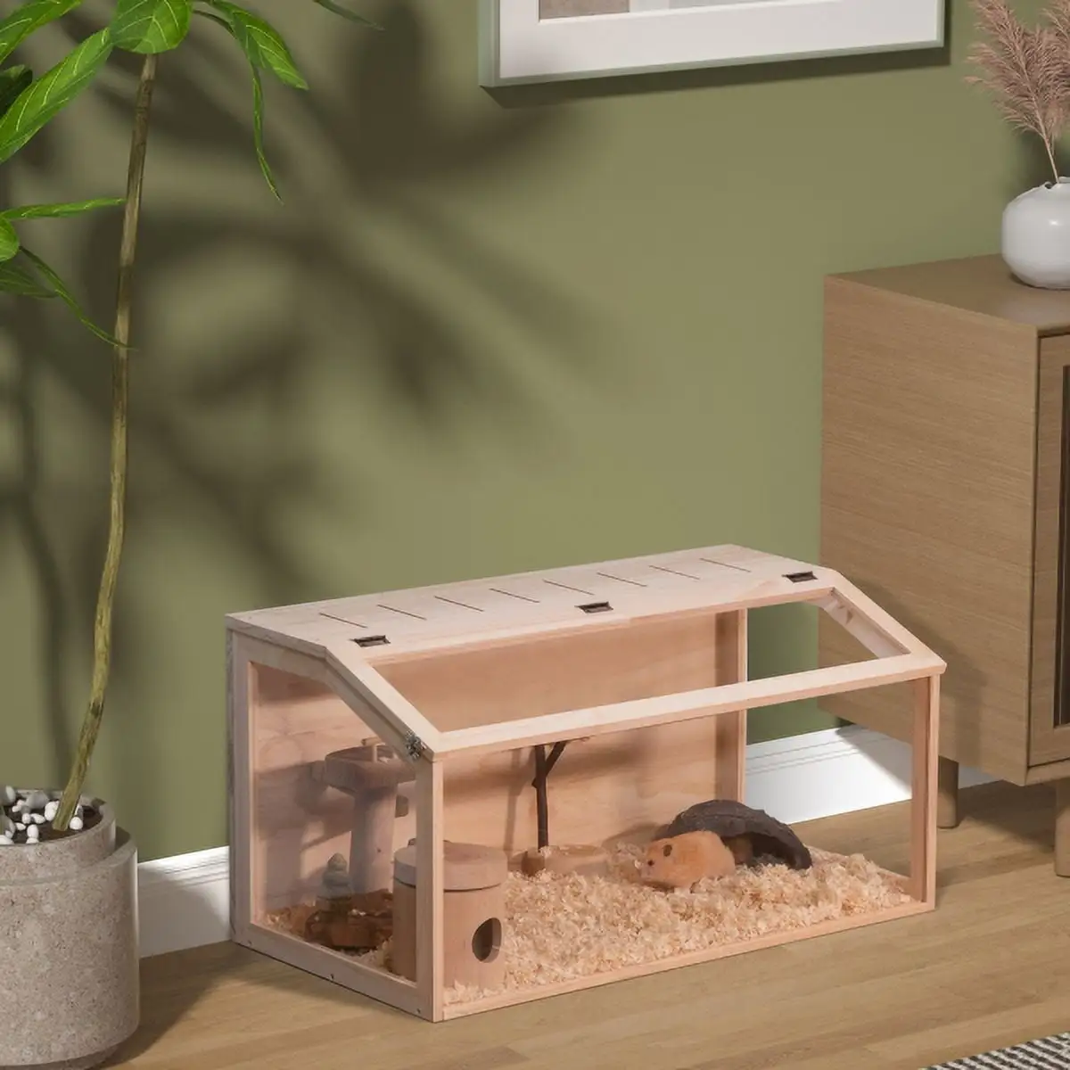 Wooden Hamster Cage Small Animals House15.75H. Acrylic Hutch for Dwarf Hamster. Guinea Pig. Chinchilla. Openable Top with Air Vents