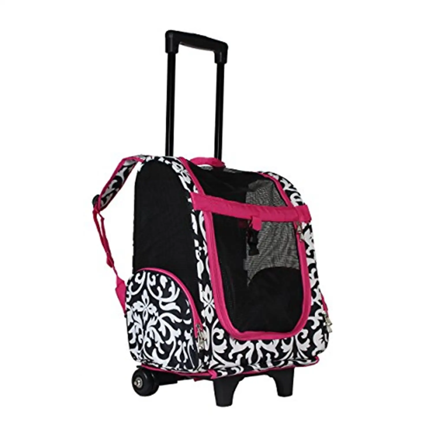 World Traveler 18-inch Rolling Pet Carrier Backpack - Pink Trim Damask