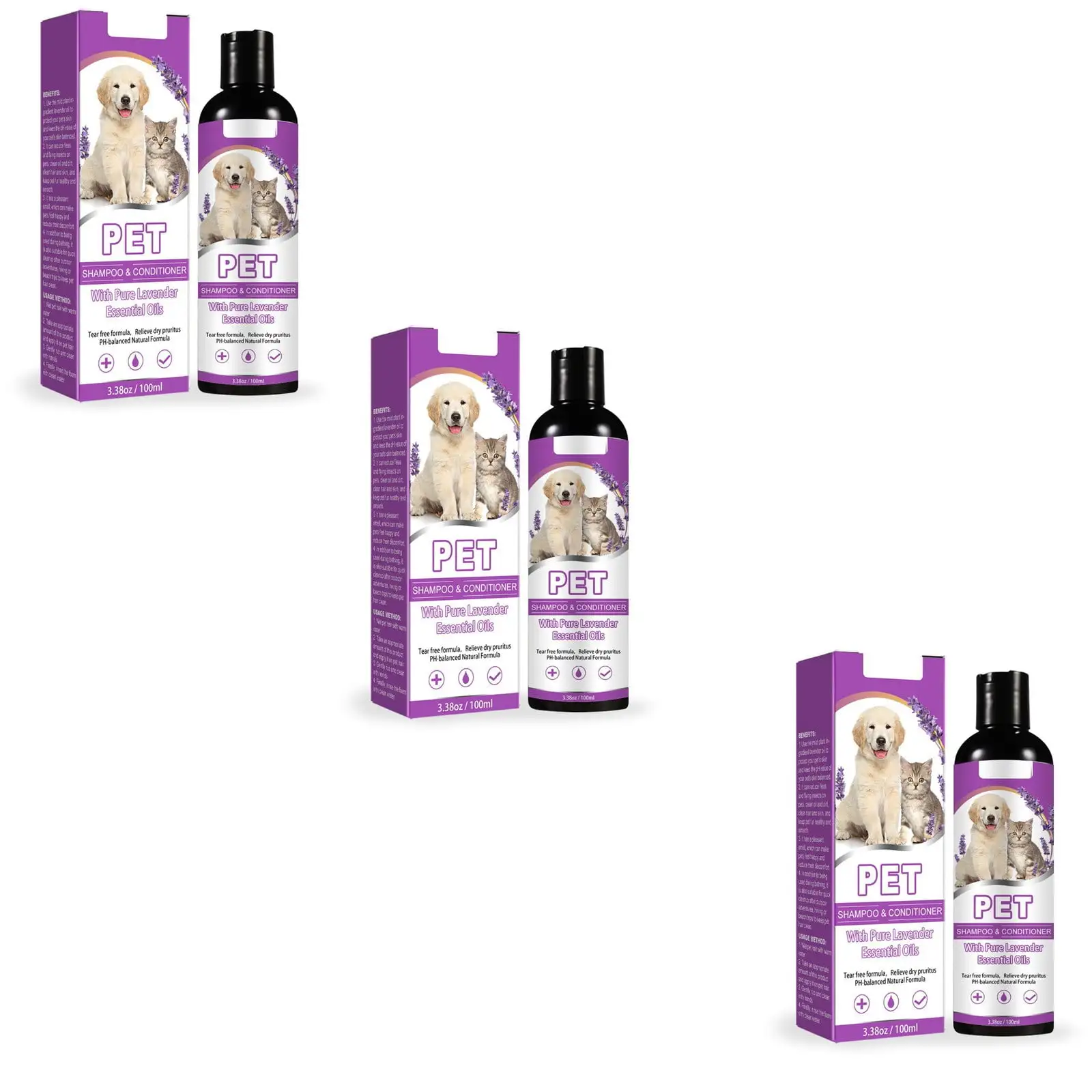 XINQITE 100ml Plant-Based Pet Shampoo - Soothing Formula for Dry. Itchy Skin. with Pure Lavender Essential Oils. Mild & Safe for Puppies & Dogs 3PCS