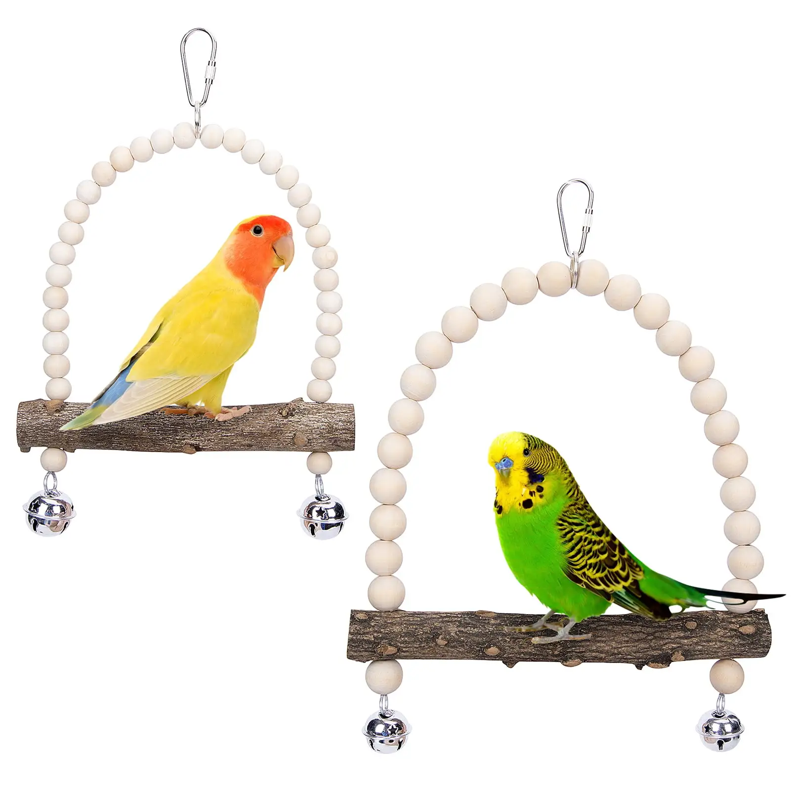 XWQ Bird Swing Toy with Beads Bells Teeth Grinding Natural Wooden Parrot Perch Hanging Swings Toy Bird Supplies