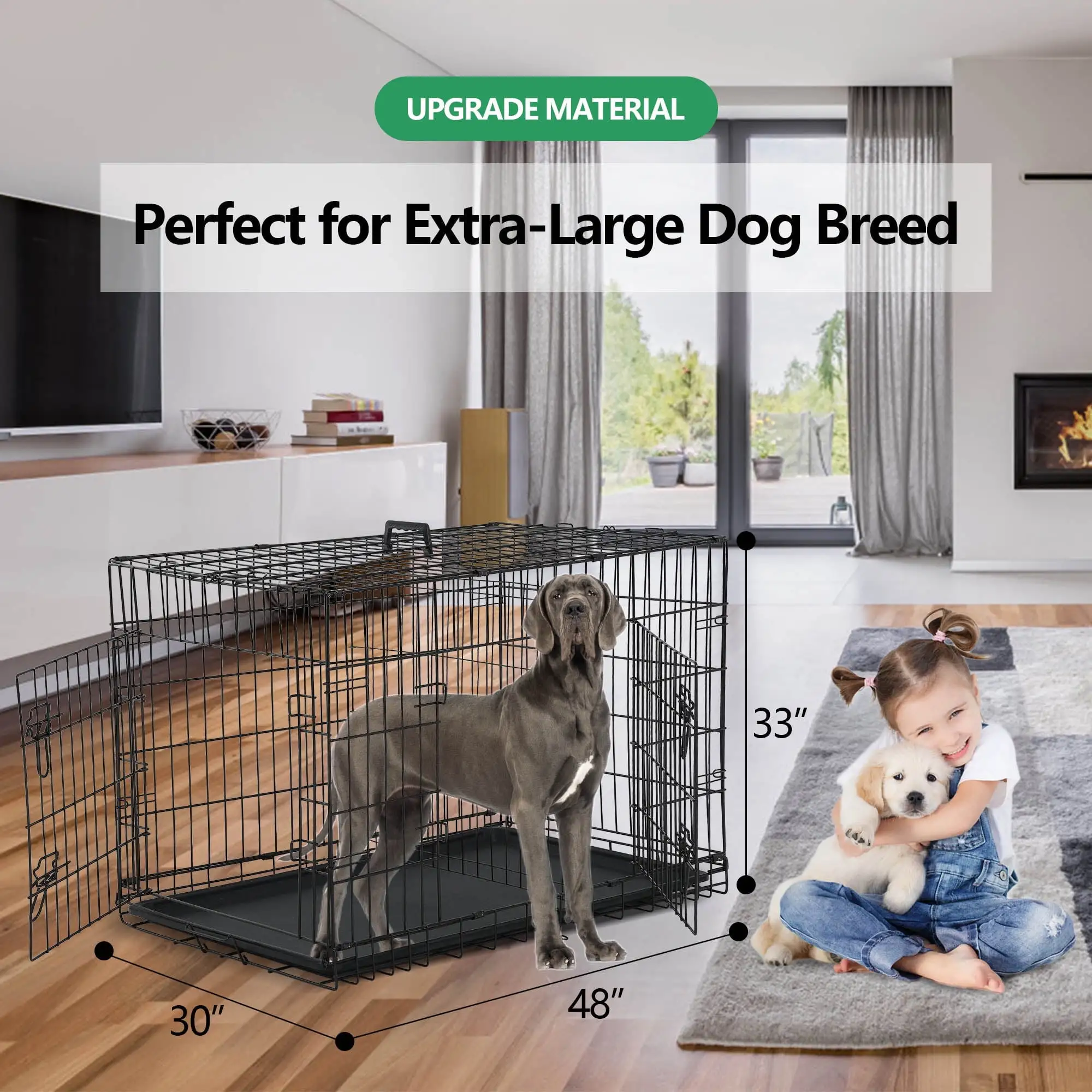 XXL Large Dog Crate for Large Dog 48 Inch Folding Dog Cage Metal Wire Dog Kennel Pet Animal Segregation Cage for Golden Retriever. Pitbull with Bottom Tray. Double-Door. Handle