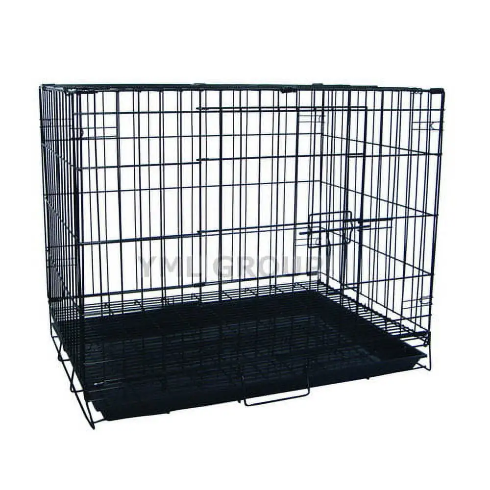 YML Double Door Pet Kennel w/ Plastic Tray. Black. 48L