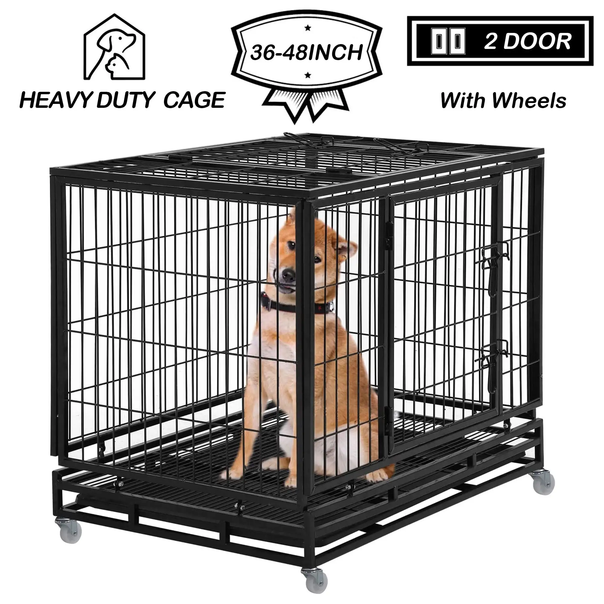 YRLLENSDAN 36/42/48 inch Heavy Duty XL Large Dog Crate for Large Dogs. Dog Crates and Kennels with Wheels Plastic Tray Double-Door Outdoor Metal Wire Pet Dog Cage for Medium Small Dogs