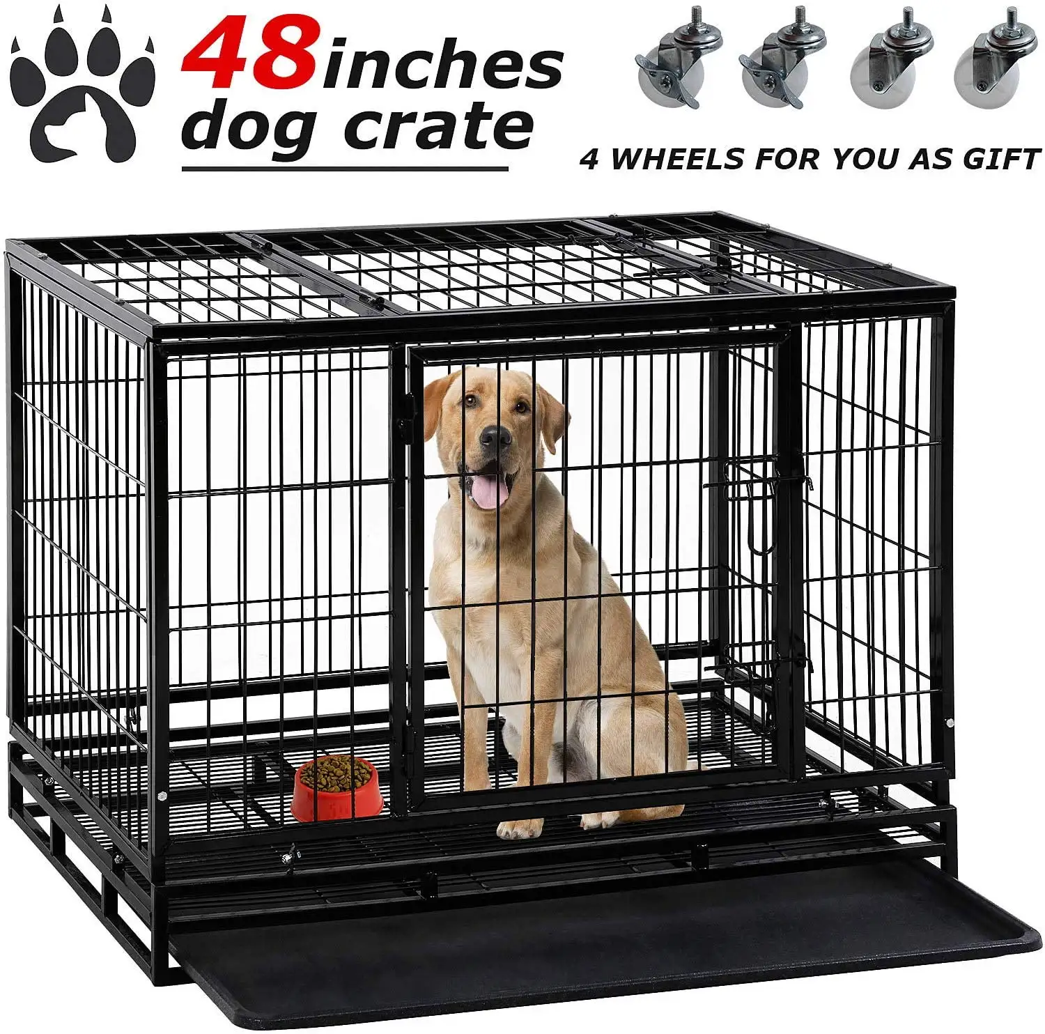 YRLLENSDAN 48 inch Dog Crate Dog Cage Dog Kennel for Large Dogs Heavy Duty Pet Playpen for Training Indoor Outdoor with Plastic Tray Double Doors & Locks Design