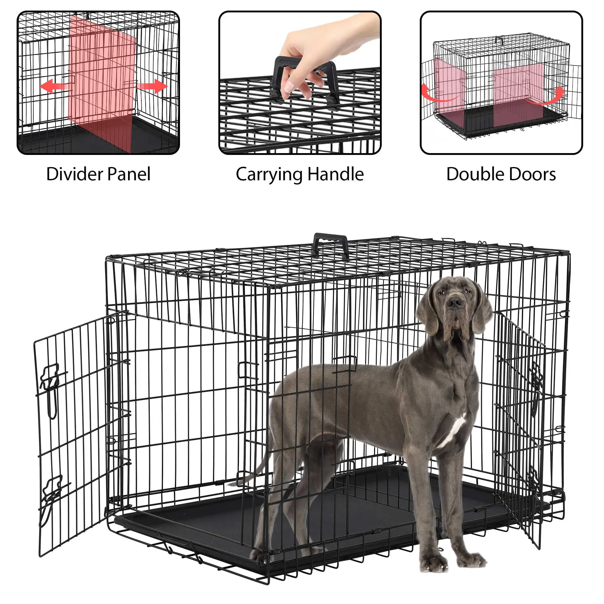 YRLLENSDAN 48 inch Dog Crate. Dog Crates and Kennels for Big Dog Foldable Large Dog Crate for Large Dogs with Handle Double-Door Outdoor Metal Wire Dog Cage with Plastic Tray for Medium Dogs. Black