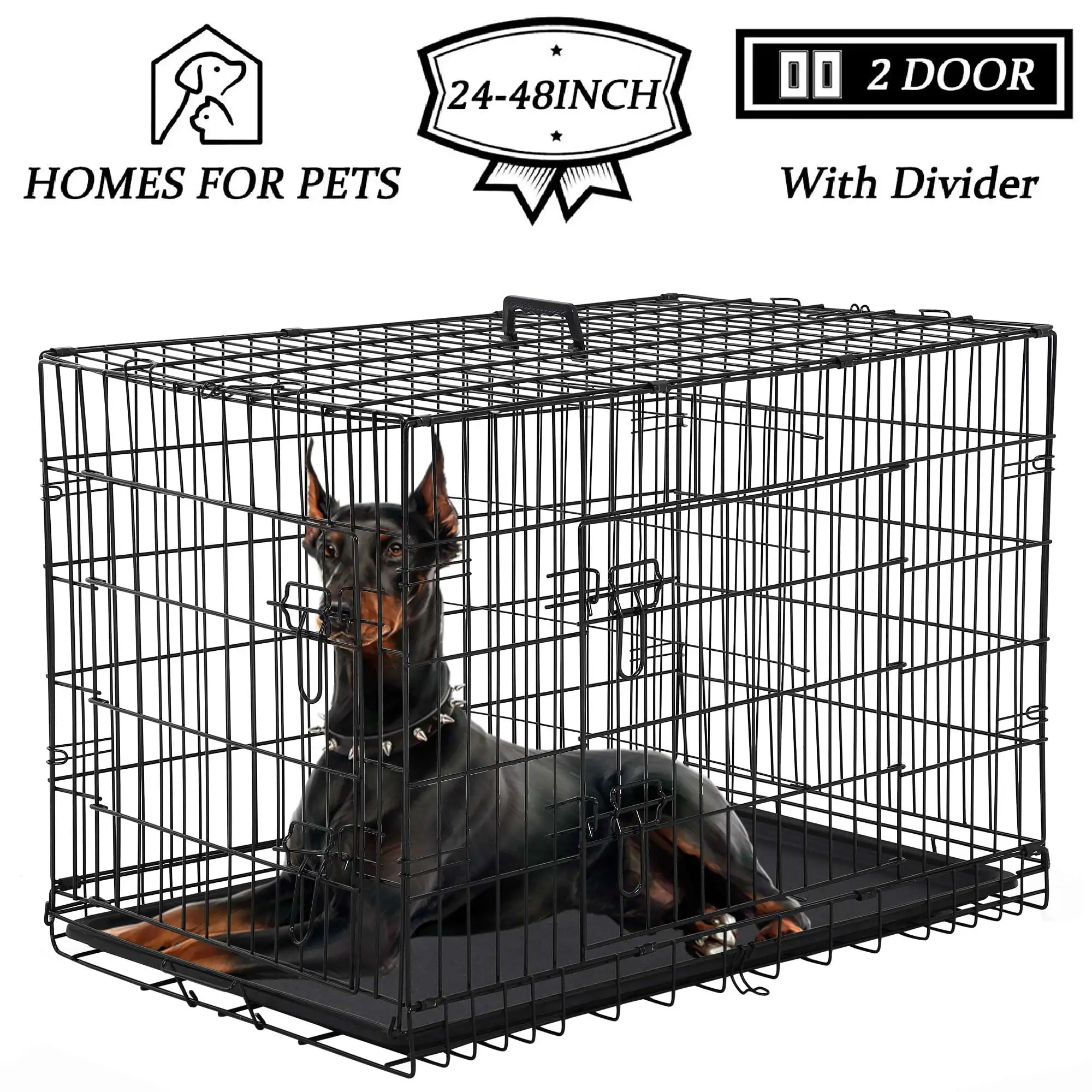 YRLLENSDAN 48 inch Foldable Large Dog Crate for Large Dogs. Metal Wire Dog Cage with Plastic Tray and Handle Double-Door Outdoor Dog Crates and Kennels for Medium dogs. Black