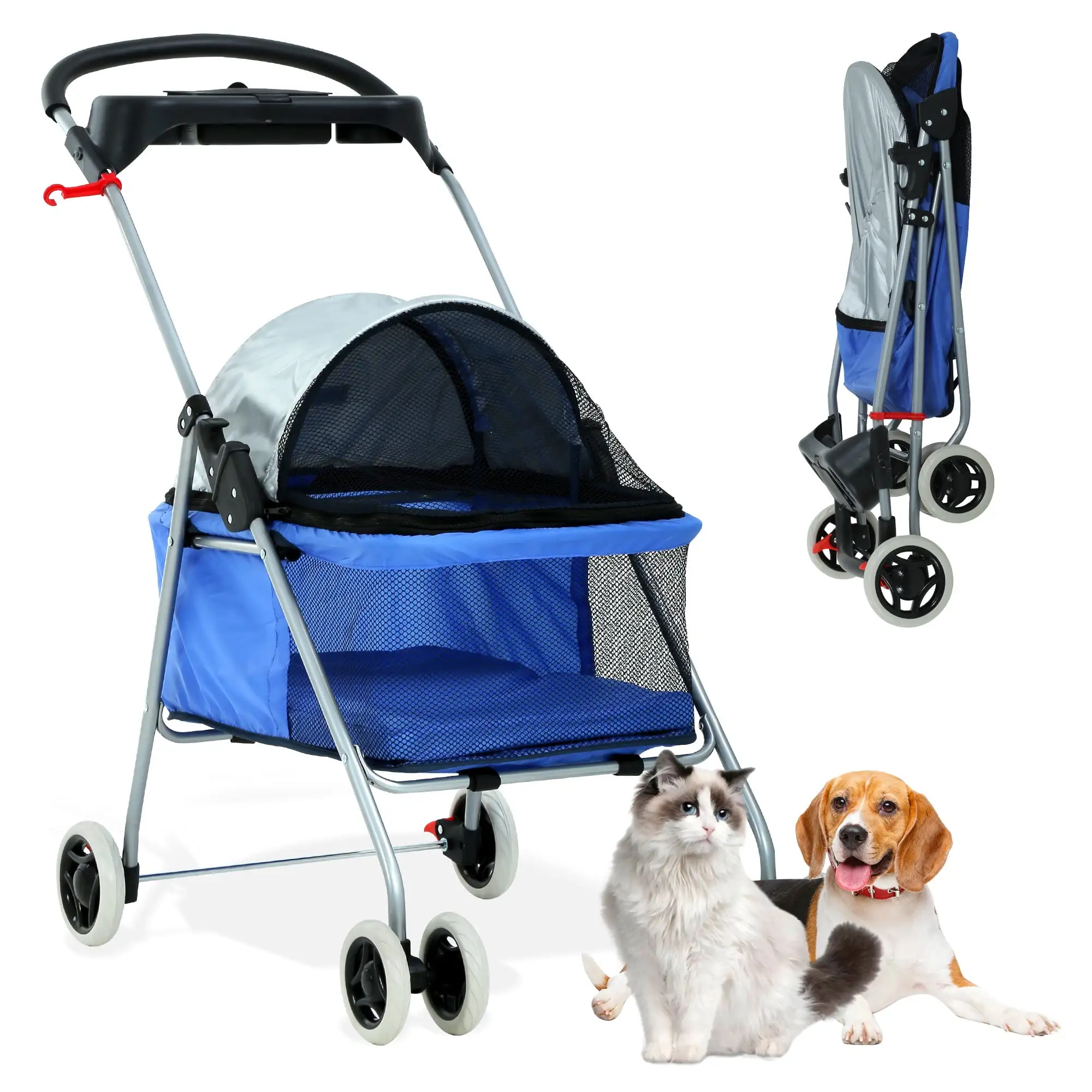 YRLLENSDAN Pet Stroller 4 Wheels Posh Folding Waterproof Portable Travel Cat Dog Stroller with Cup Holder.Blue