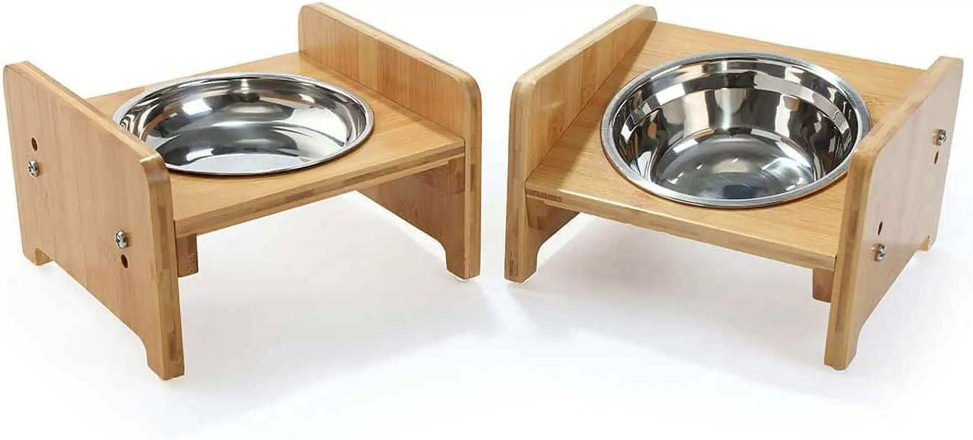 YY FOREYY Set of 2 Raised Pet Bowls for Dogs and Cats - Bamboo Tilted Single Elevated Dog Cat Food and Water Bowls Stand Feeder with 3 Stainless Steel Bowls and Anti Slip Feet for Comfort Feeding(S)