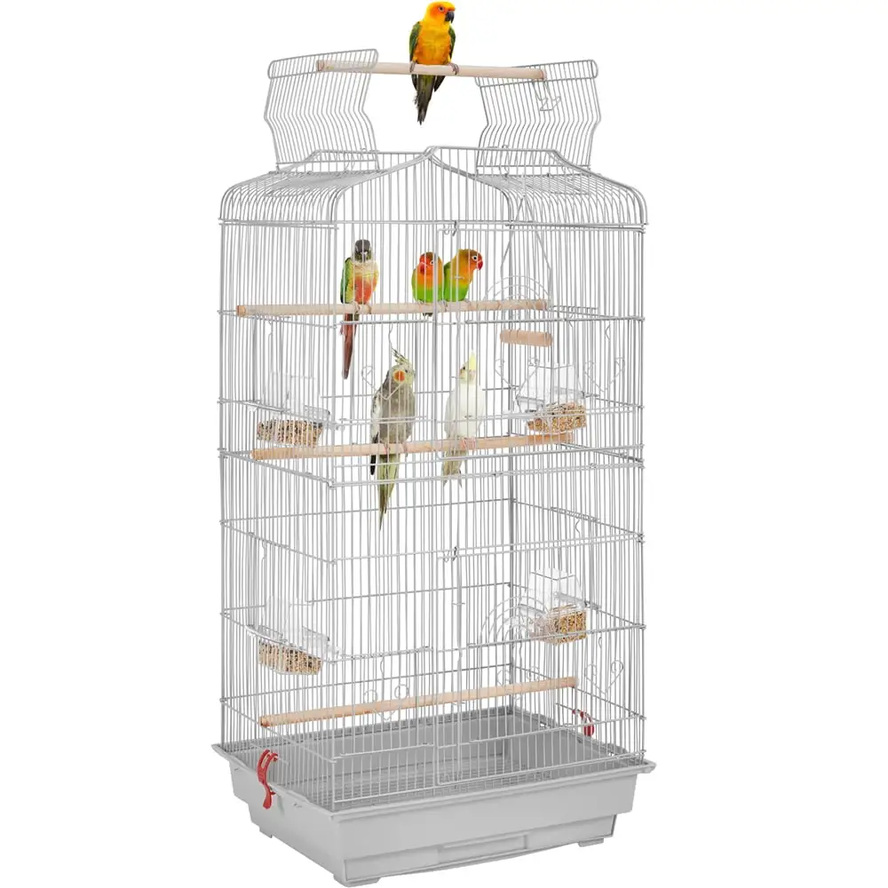 Yaheetech 41''H Open Top Metal Bird Cage Large Parrot Cage with Double Door Design Slide-out Tray Four Feeders. Light Gray