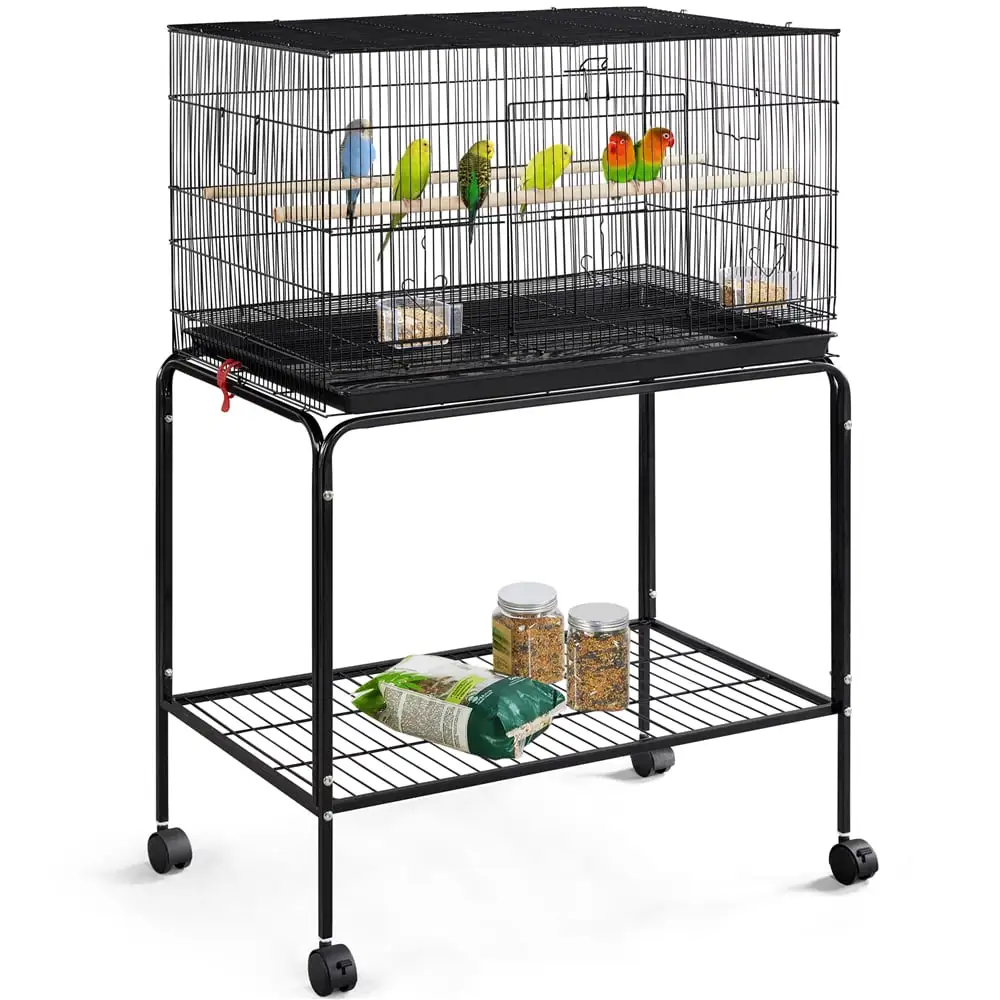 Yaheetech 47''H Flight Cage with Rolling Stand Extra Space Slide-out Tray Wood Perches. Black