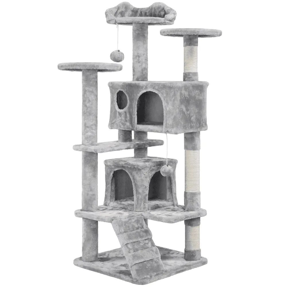 Yaheetech 54''H Cat Tree Condo with Scratching Post Tower. Light Gray