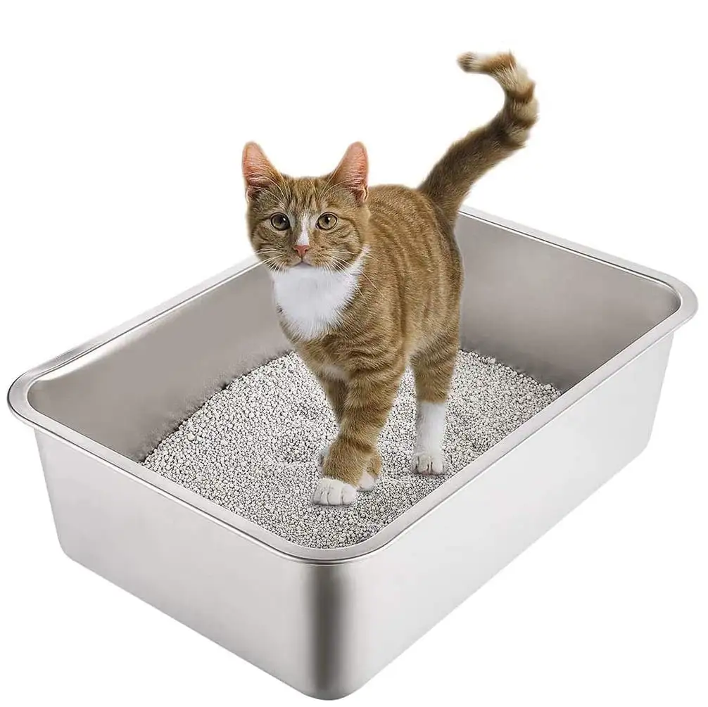 Yangbaga Stainless Steel Litter Box for Cat and Rabbit. Odor Control Litter Pan. Non Stick Smooth Surface. Easy to Clean. Never Bend. Rust Proof. Large Size with High Sides and Non Slip Rubber Feets