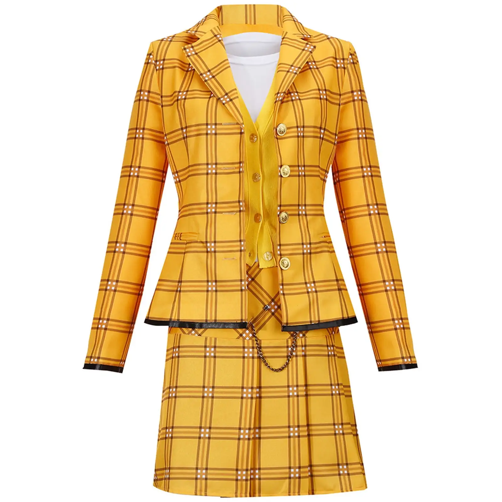 Yejue Clueless Cher Horowitz Yellow Top Coat Skirt Plaid Stripes Dress Girls Cosplay Costume