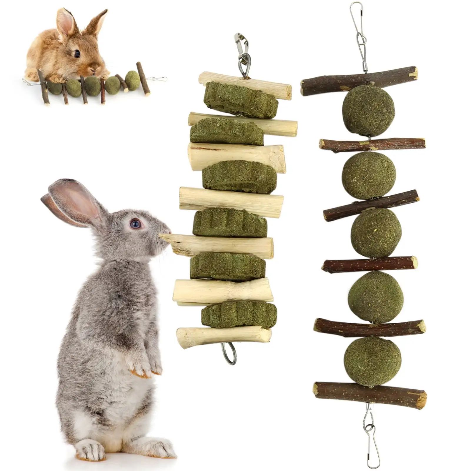 Yirtree 2Pcs/Set Bunny Chew Balls Chewing Playing Toys Teeth Care Molar Natural Apple Sticks for Rabbits Chinchillas Guinea Pigs Hamsters Improve Dental Health