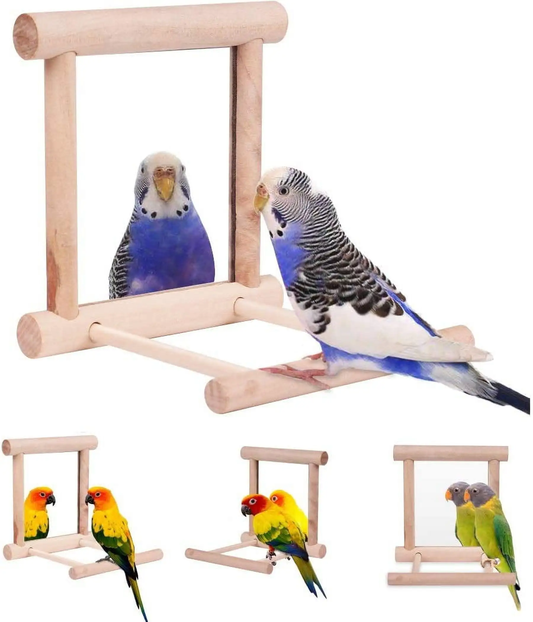 Yirtree Bird Toy for Parrot Parakeets Cockatiels Cage Swing Wooden Fun Play Toy for Birds Funny Wooden Bird Toy Mirror Stand Platform Toys for Parrots Cockatiel Vogel