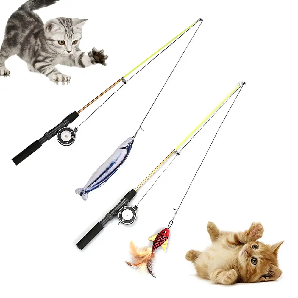 Yirtree Cat Fishing Pole Toy. Retractable wand cat toy with Reel. Cat Fishing Rod & Feather Toy. Interactive Cat Teaser Wand Toy for Indoor Cats