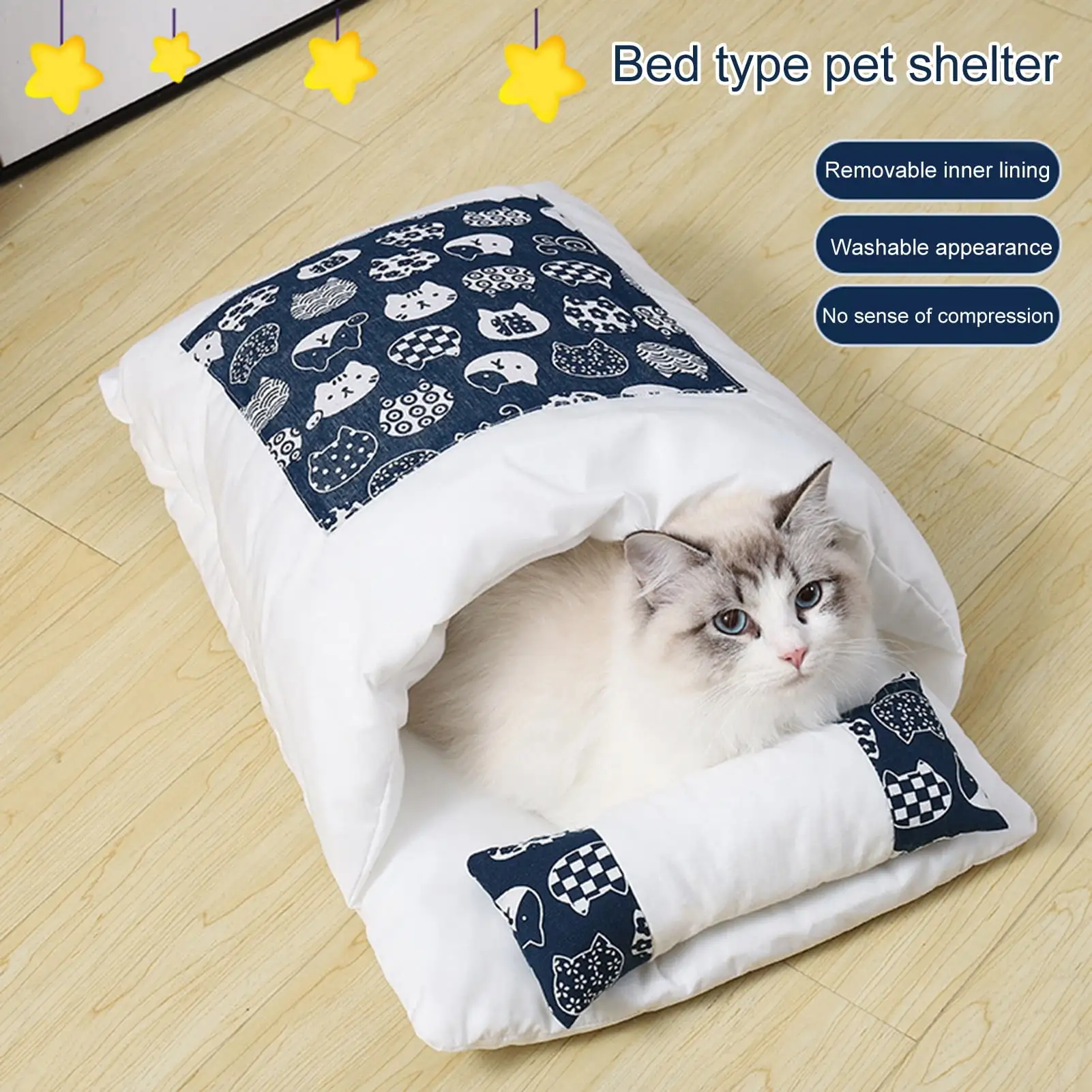 Yirtree Cat Sleeping Bag Super Soft Exquisite Pattern Ultra-Thick Windproof Detachable Keep Warm Cloth Semi-closed Pet Cat Sleeping Bed Cage Decoration Cat Supplies