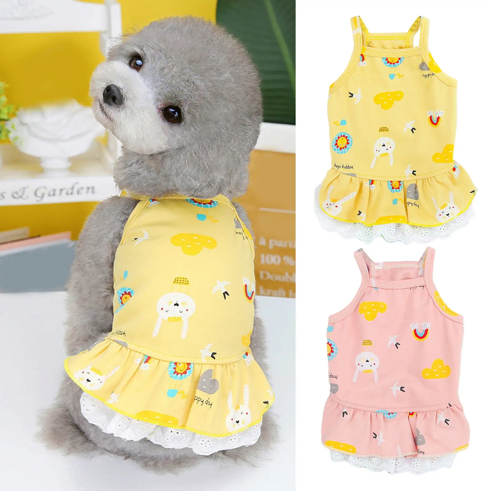 Yirtree Dog Dress Lace Hem Soft Comfortable Cotton Cartoon Pattern Pet Dog Puppy Clothing Pet Supplies