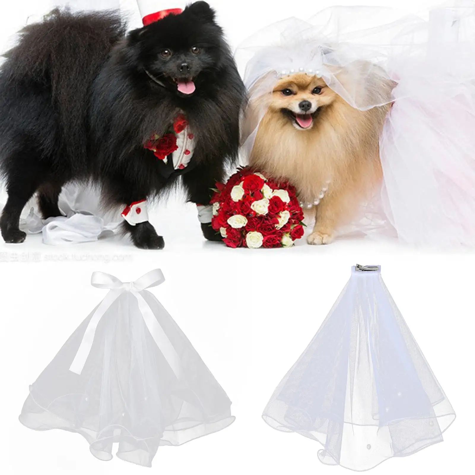 Yirtree Veil for Dogs Small Dog Pet Cat Wedding Attire Veil Dress Bride Costume Dog Hair Bow Clips Hairpin Headwear Dog Hair Accessories (White)