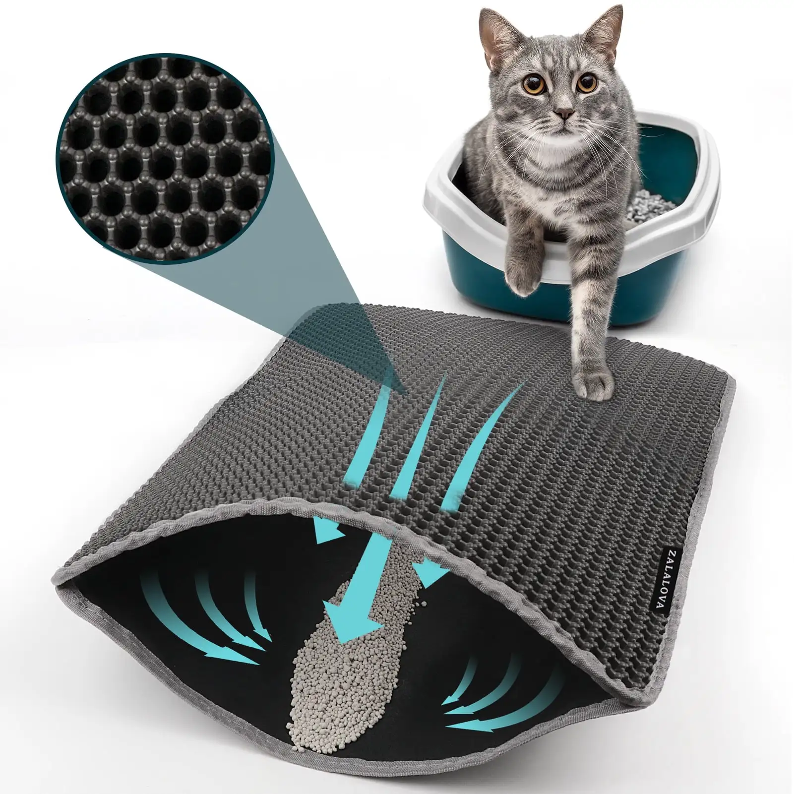 ZALALOVA 24 x 15 inch Cat Litter Mat Kitty Litter Trapping Mat. Honeycomb Double Layer Urine Waterproof. Easier to Clean Litter Box Mat. Soft on Paws. Non-Slip(Black)