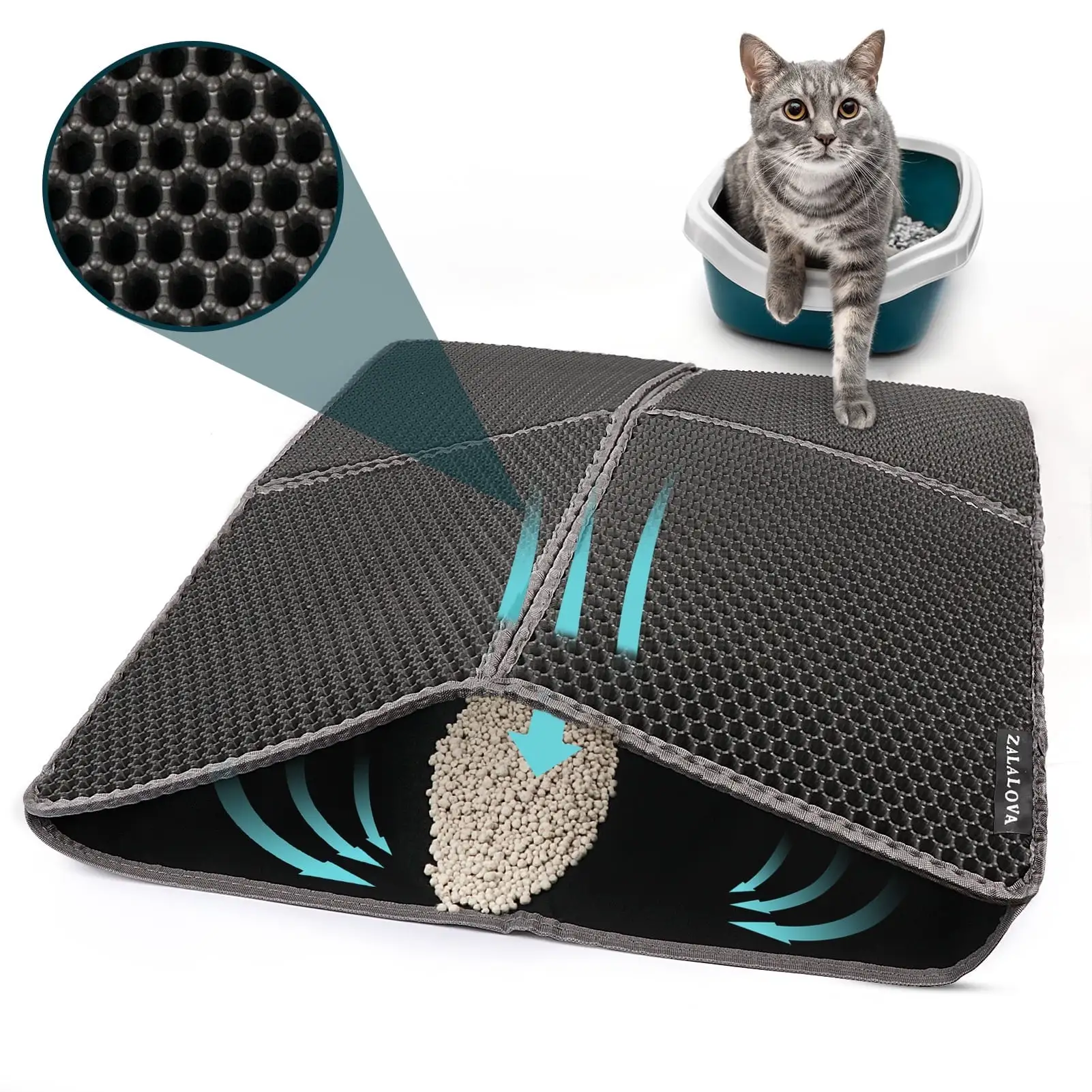 ZALALOVA 30 x 22 inch Cat Litter Mat Kitty Litter Trapping Mat. Honeycomb Double Layer Urine Waterproof. Easier to Clean Litter Box Mat Scatter. Soft on Paws. Non-Slip(Black).