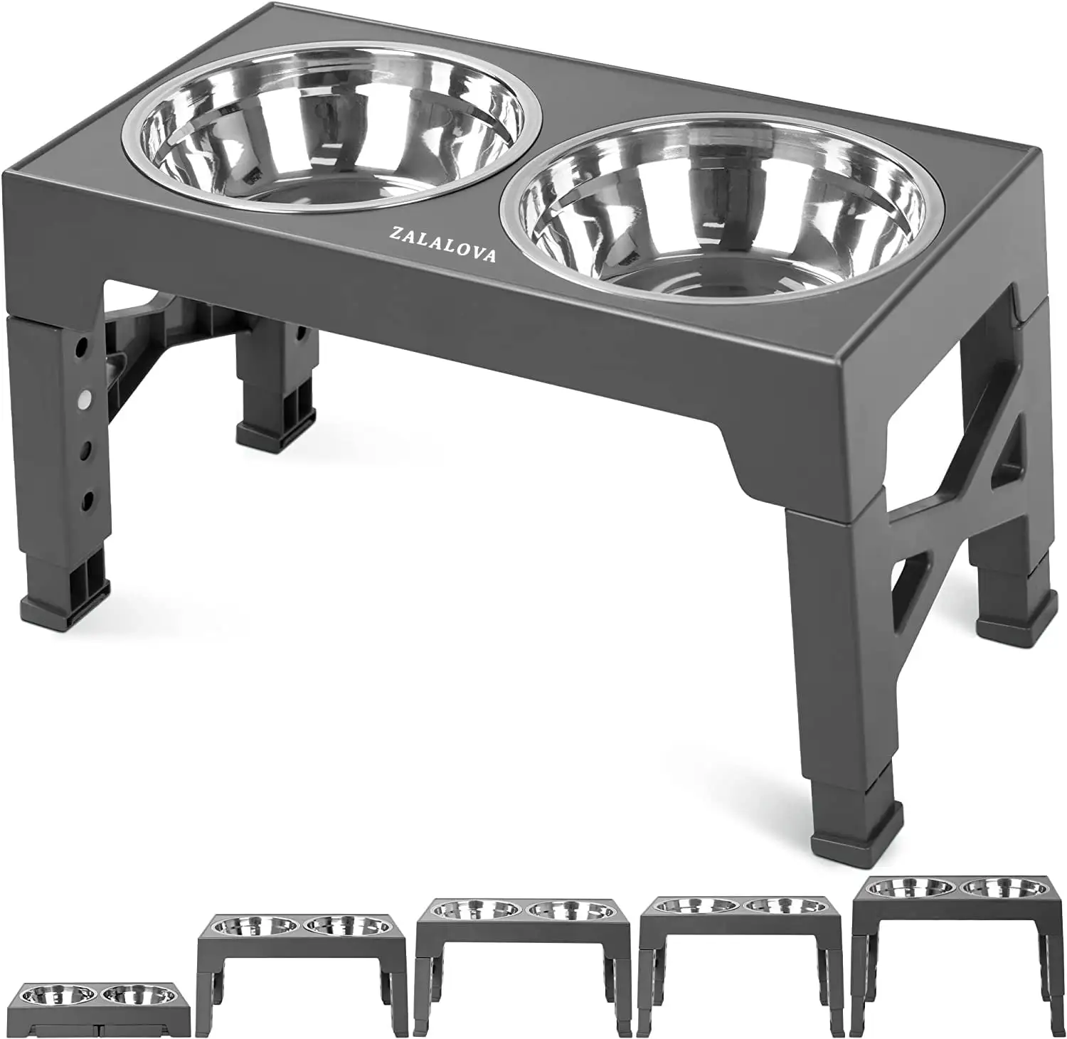 ZALALOVA Elevated Dog Bowls Stand with 2 Stainless Steel Dishes. Raised Dog Bowl Adjusts to 5 Heights (3.15. 8.9. 10.11.2. 12.4) for Medium and Large DogsGray