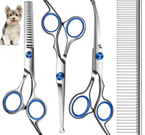 ZOUYUE Dog Grooming Scissors with Safety Round Tips. Heavy Duty Titanium Pet Grooming Trimmer Kit. Professional Thinning Shears. Curved Scissors with Comb for Dogs and Cats (Set of 4)