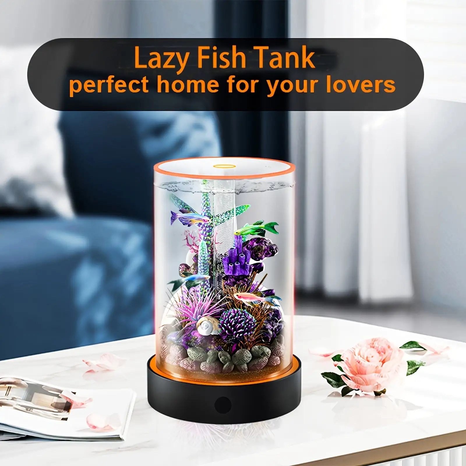 ZRW-Fish Tank Starter Kits. Acrylic Transparent Betta Fish Tank Kit With Filter. 6 Colorful Led Light Self Cleaning Fish Aquarium Kit For Aquatic Pet