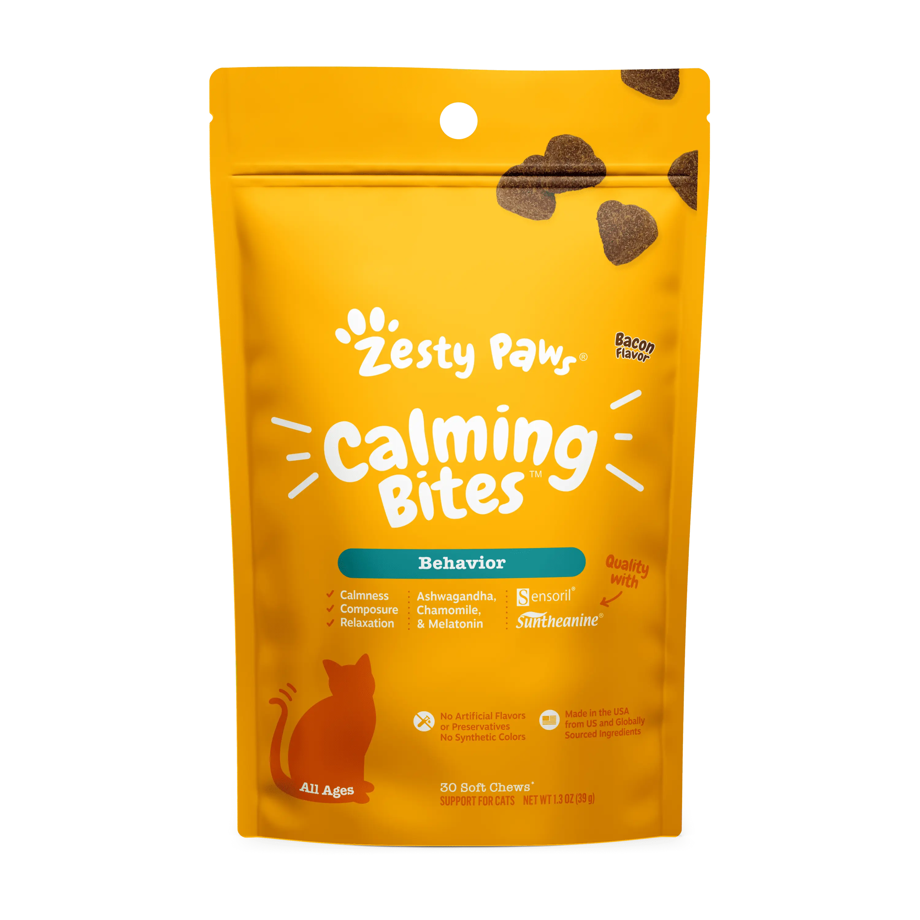 Zesty Paws Calming Bites for Cats. Stress & Anxiety Relief Supplement. Bacon Flavor. 30 Ct Soft Chews