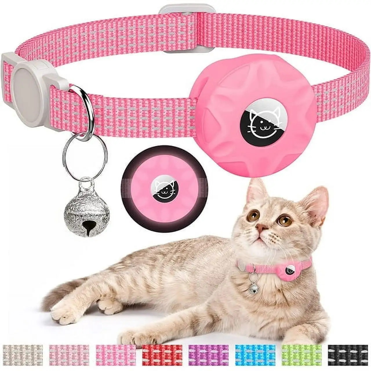 Zjrui AirTag Cat Collar. Reflective Kitten Collar with Bell and Safety Buckle GPS Cat Collar with AirTag Holder for Dog Puppy-Pink