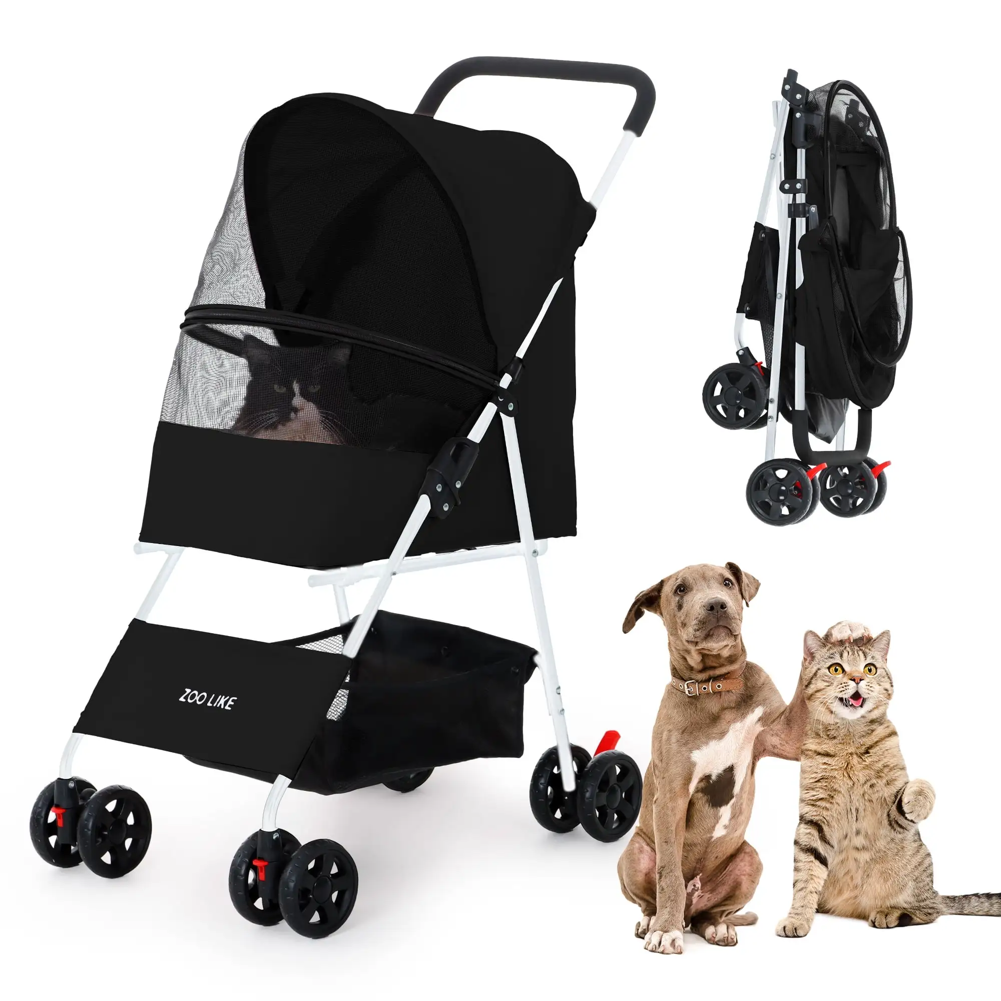 Zoolike Pet Stroller Cat Dog Cage Stroller Travel Folding Carrier .Foldable Carrier Strolling Cart for Small Medium Dog. Cat W/ Storage Basket .Safety Tether .Black