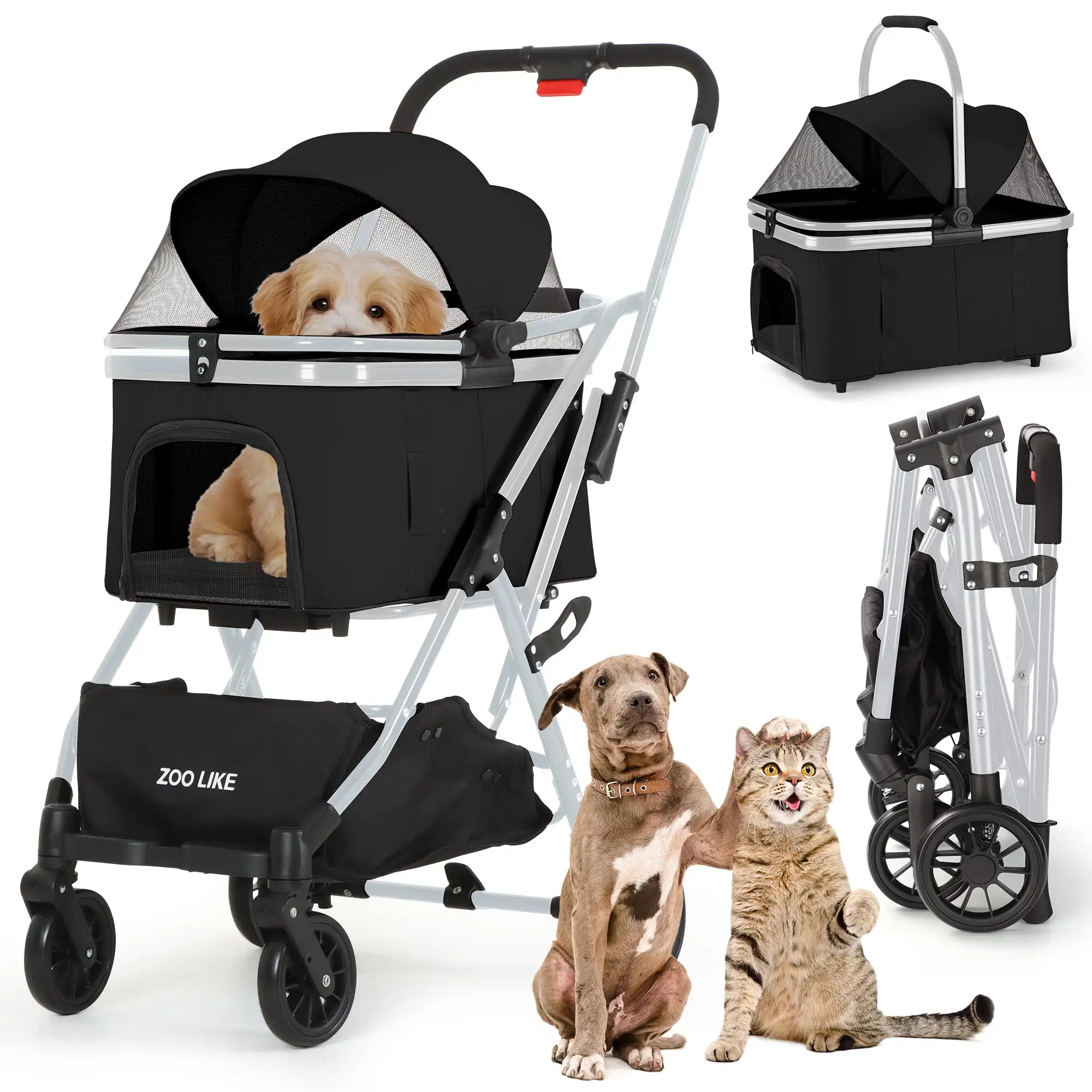 Zoolike Pet Stroller. Dog Cat Stroller 3-in-1 Detachable Doggy Stroller for Small Medium Dogs 4 Wheel Dog Travel Jogger Cart Cat Walker Foldable Wagons for Doggy Rabbit Puppy. Gray