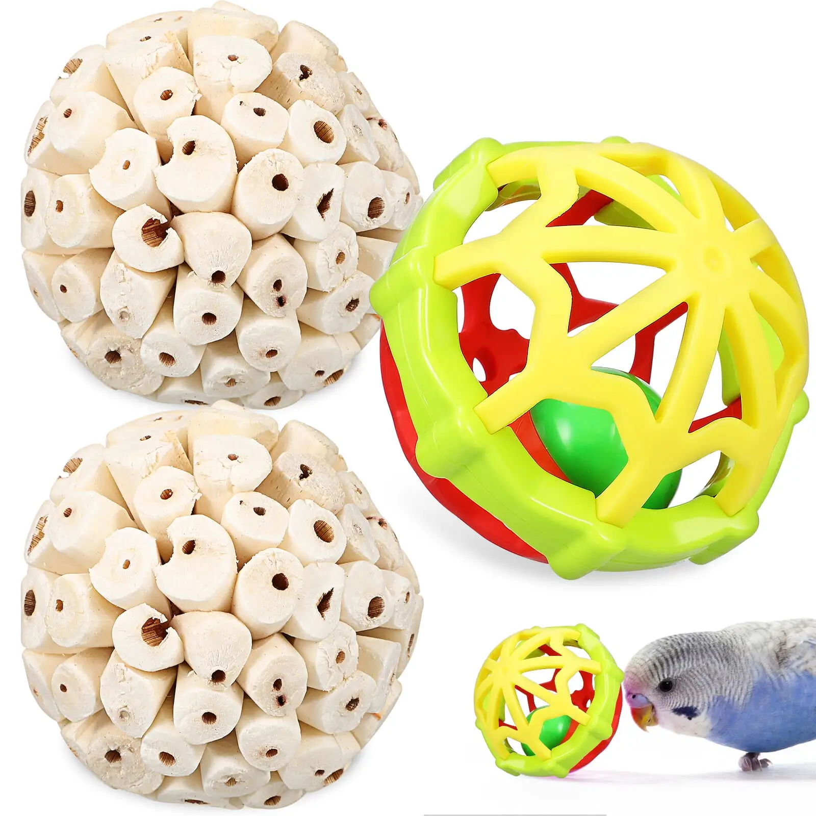 3 Pcs Bird Toys Small Sola Bird Balls with Rubber Bird Grinding Beak Balls for Parrots Budgie Cockatiel