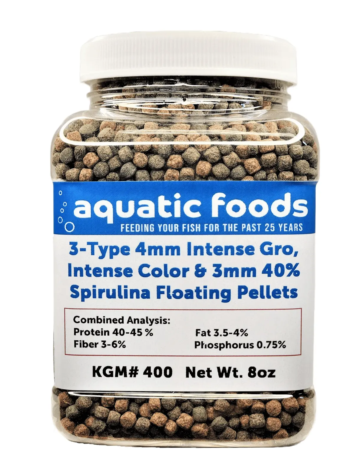 3-Type Blend of 4mm Floating Intense Growth & Intense Color Enhancing Pellets & 3mm 40% Spirulina Floating Pellets for ALL Tropicals. Cichlids. Koi & Pond Fish. KGM-400a?|8oz Small Jar