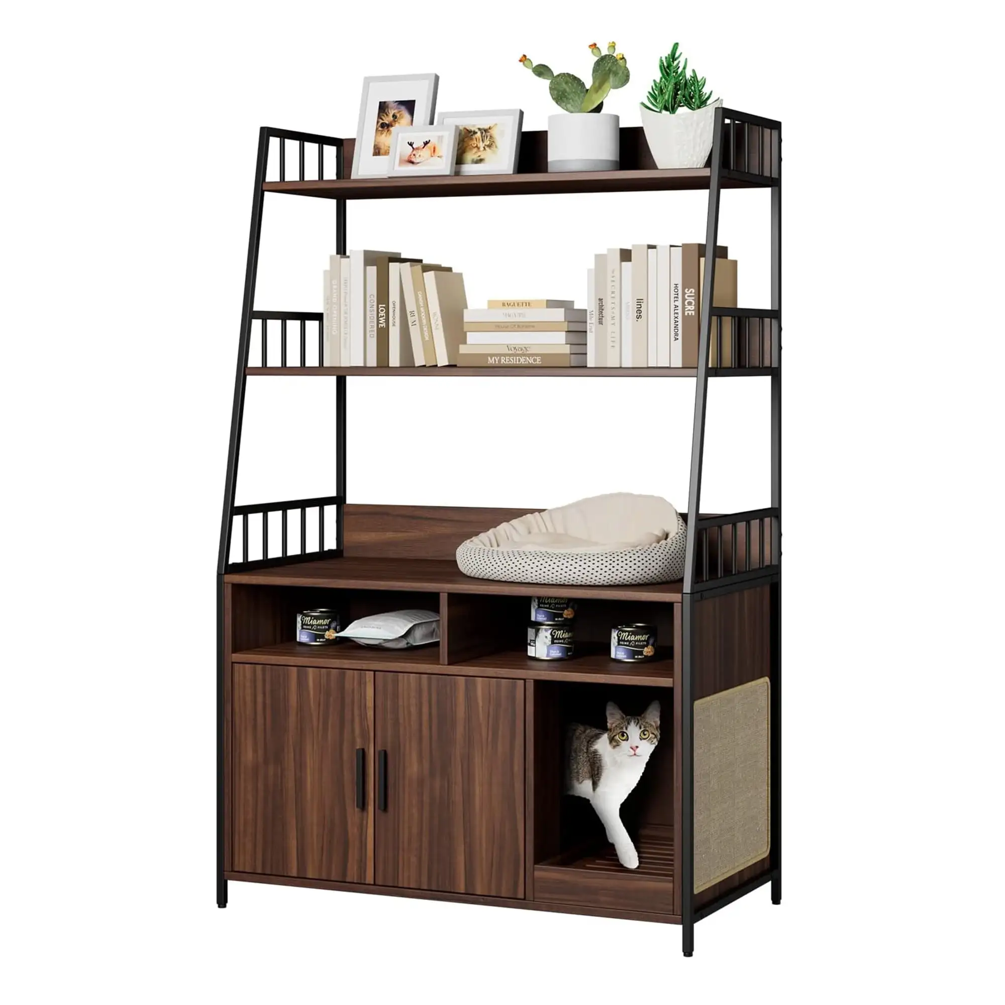 AIEGLE Multi-Layer Storage Shelf Cat Cabinet with 3 Shelves. Wood Cat Washroom Furniture Hidden Cat Litter Box with Side Scratch. Walnut